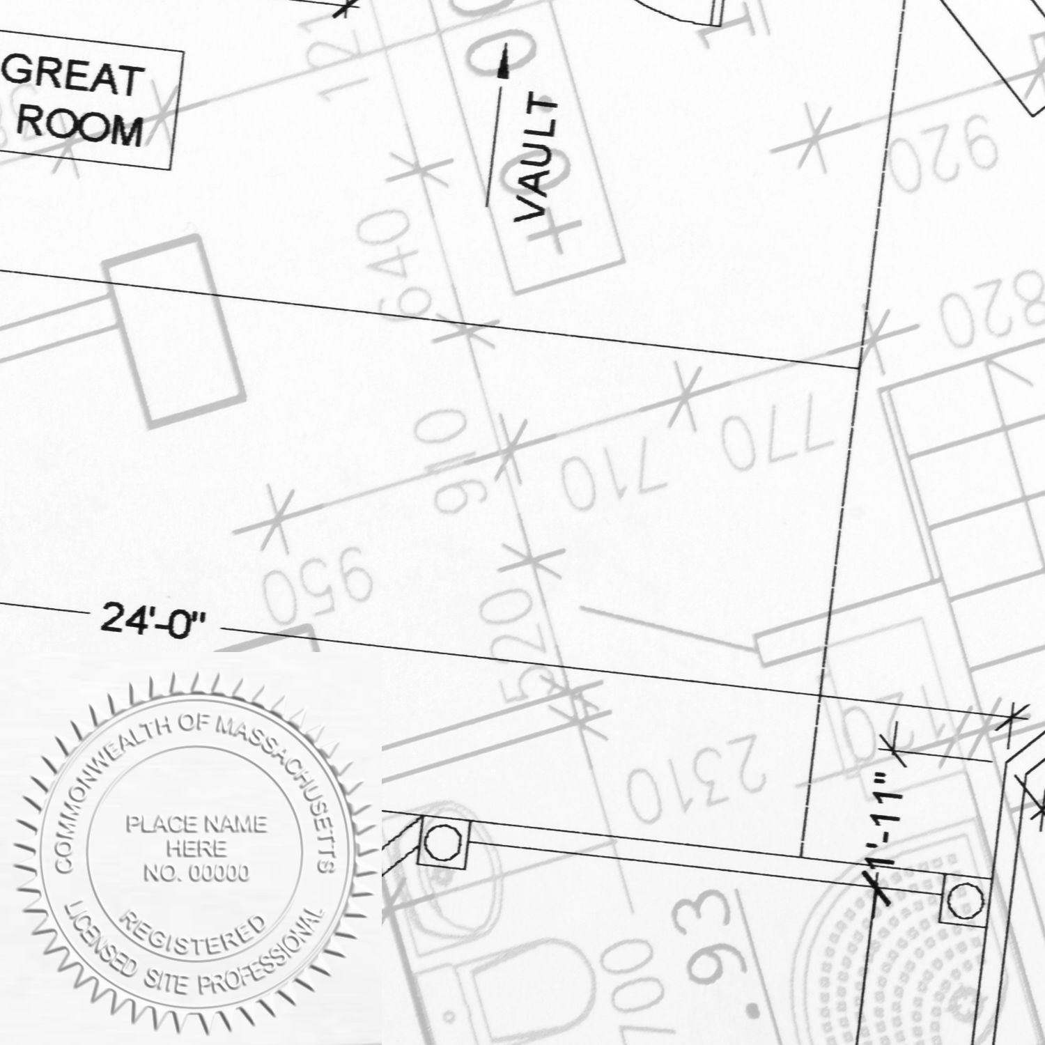 Blueprint with a Commonwealth of Massachusetts seal embossed using the Professional Handheld Seal Embosser, showing detailed architectural plans.