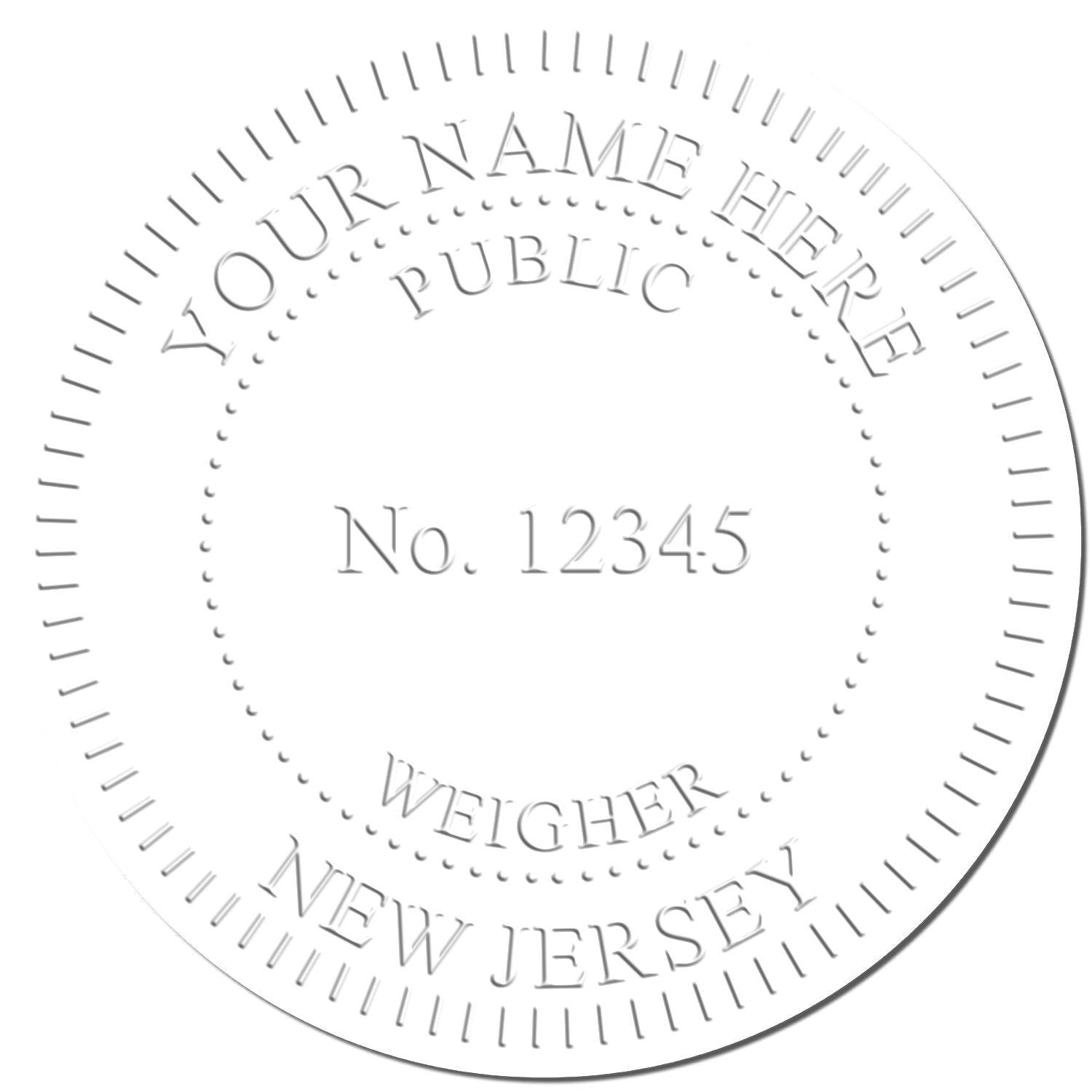 Embossed seal sample with text YOUR NAME HERE, PUBLIC WEIGHER, No. 12345, NEW JERSEY created by Public Weighmaster Extended Long Reach Desk Seal Embosser.