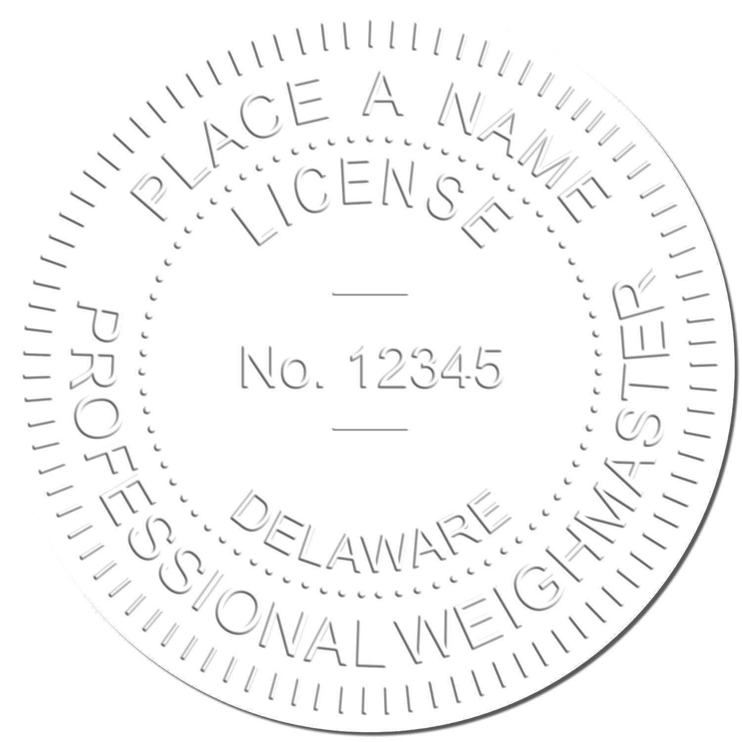 Embossed seal sample with text PLACE A NAME LICENSE No. 12345 DELAWARE PROFESSIONAL WEIGHMASTER created by Public Weighmaster Handheld Seal Embosser.