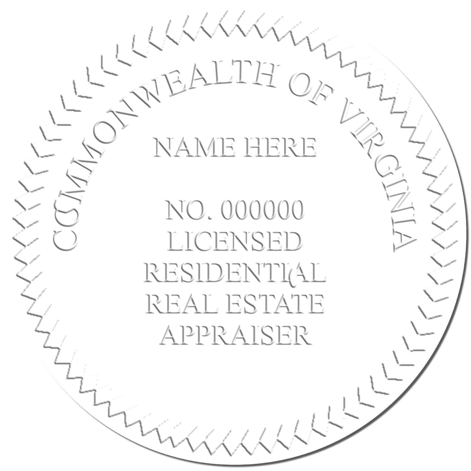 Image of a Real Estate Appraiser Blue Soft Seal Embosser imprint, showing Commonwealth of Virginia and Licensed Residential Real Estate Appraiser.