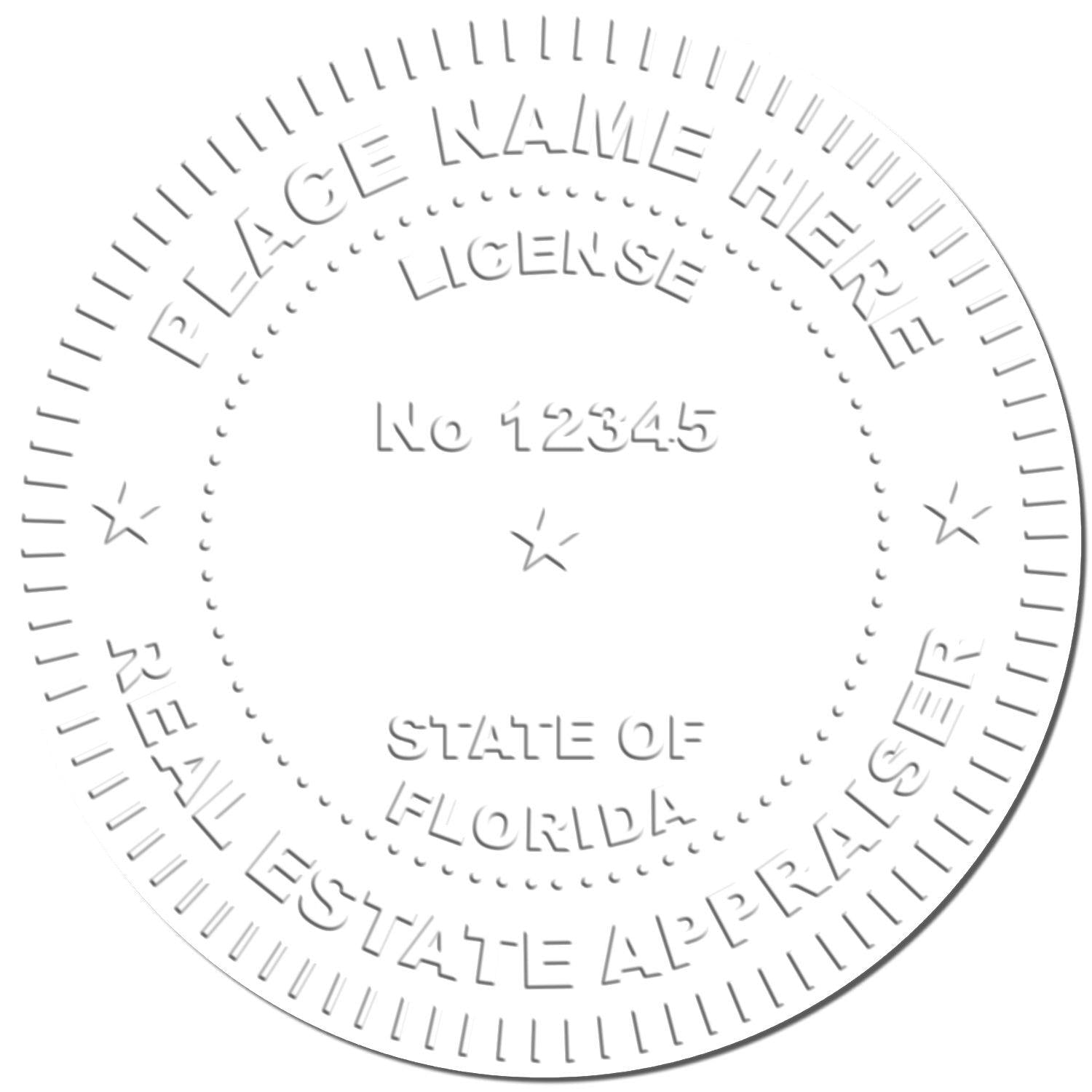 Real Estate Appraiser Desk Seal Embosser imprint showing customizable text fields for name, license number, and state, with a circular design.