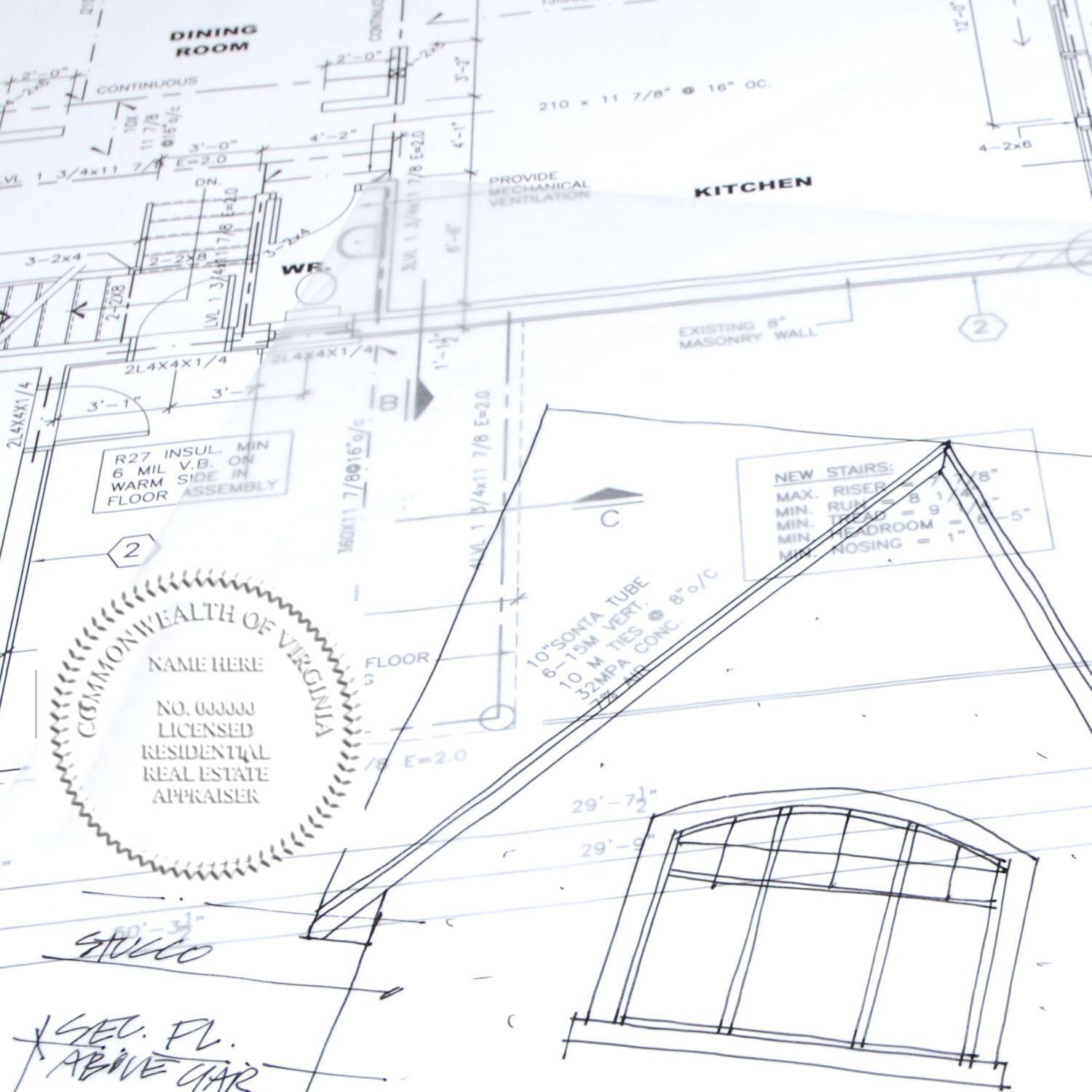 Blueprints with an embossed seal from a Real Estate Appraiser Desk Seal Embosser, showing architectural details and certification.