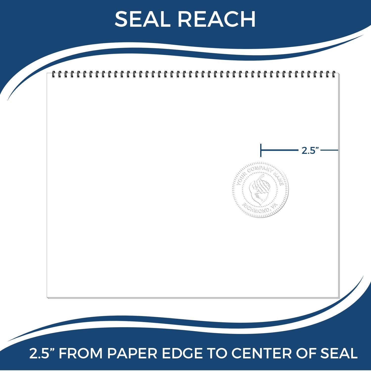 An infographic showing the seal reach which is represented by a ruler and a miniature seal image of the Louisiana Long Reach Landscape Architect Embossing Stamp