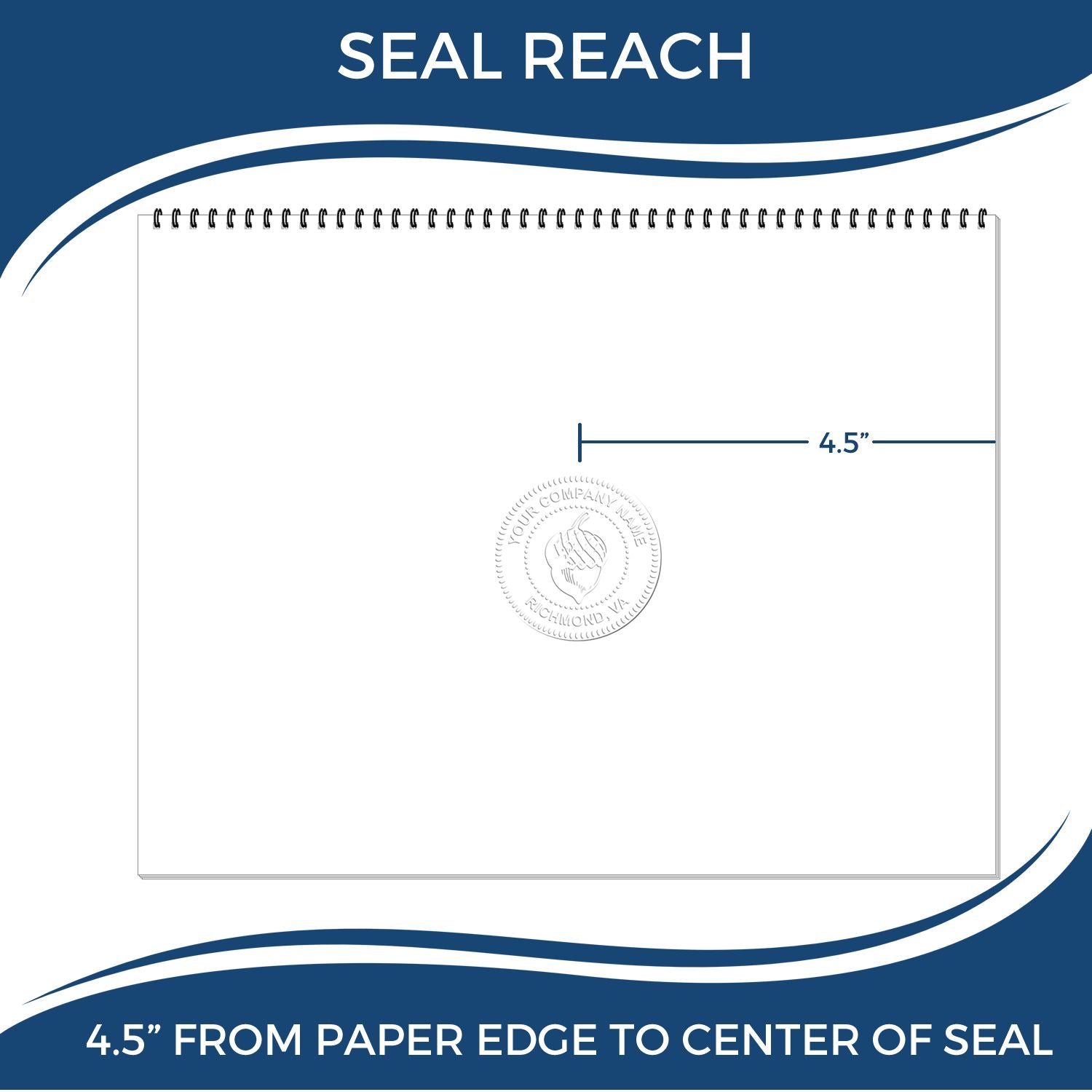 An infographic showing the seal reach which is represented by a ruler and a miniature seal image of the Extended Long Reach Alaska Architect Seal Embosser