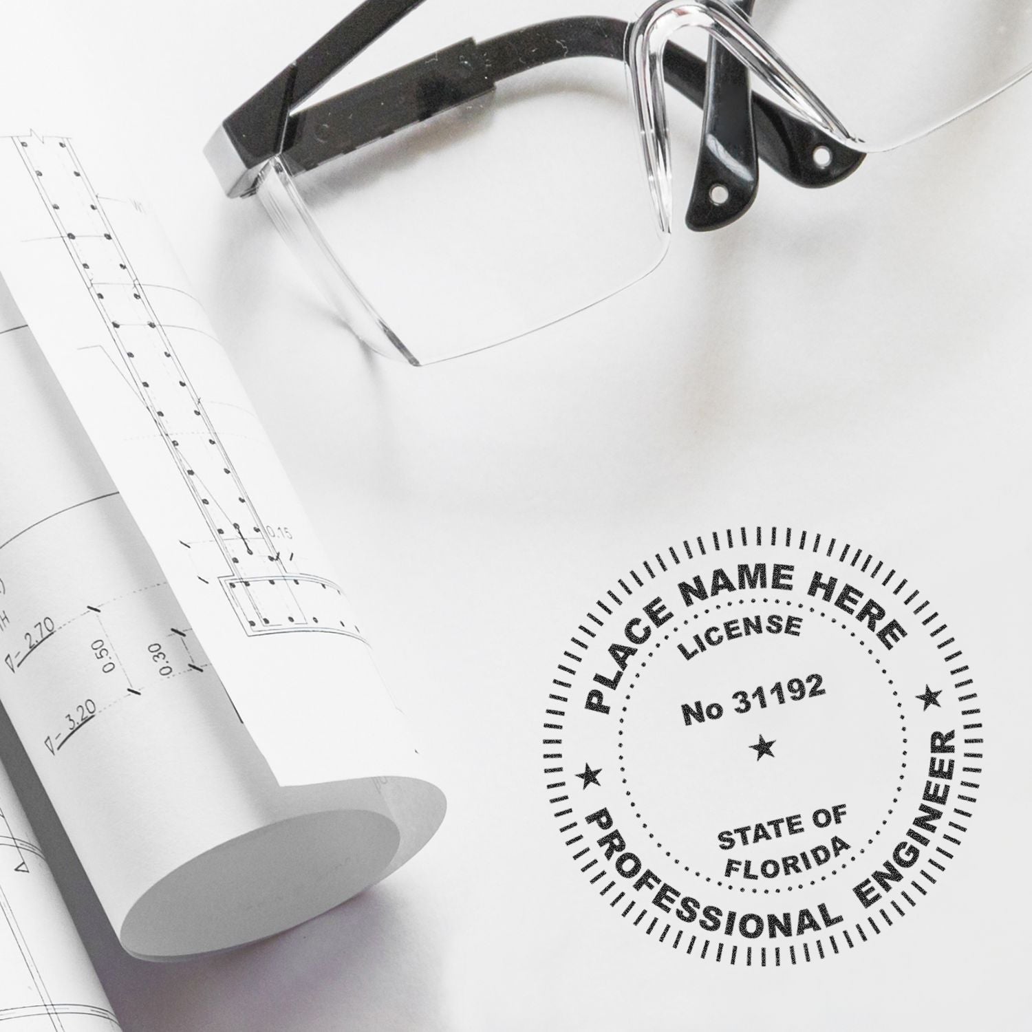 Professional Engineer Regular Rubber Stamp of Seal in use on a white paper with engineering drawings and a pair of glasses nearby. The stamp includes space for name, license number, and state.