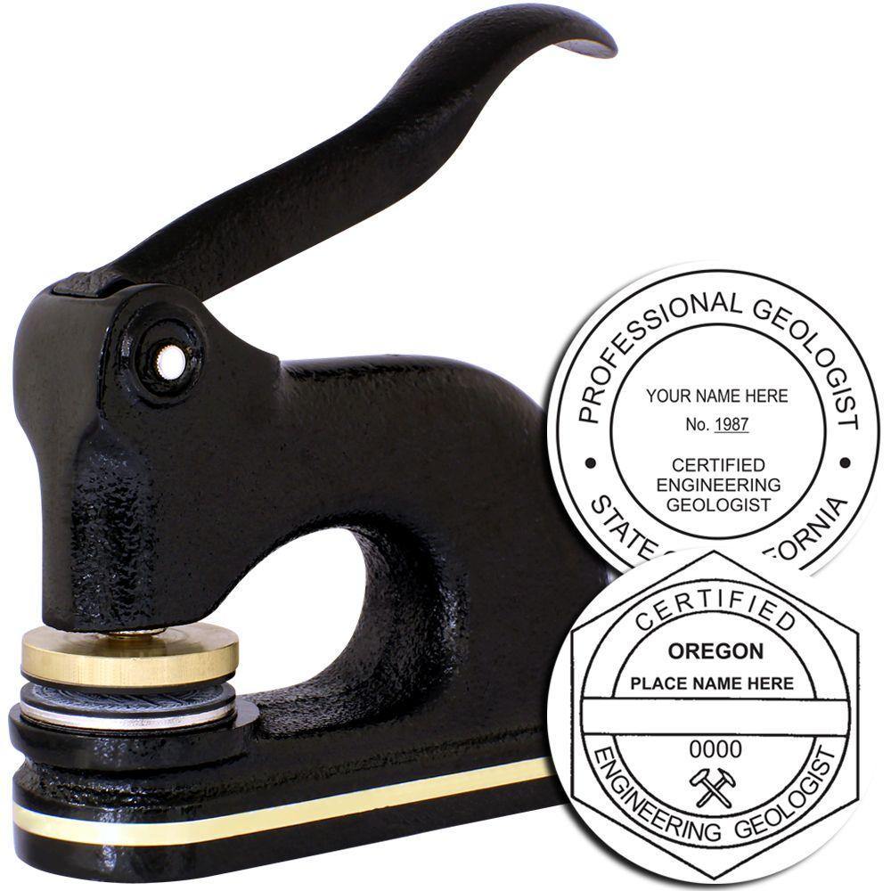 Engineering Geologist Cast Iron Desk Seal Embosser in black with a gold accent, shown with sample embossed seals for professional geologists, featuring customizable name and certification details.