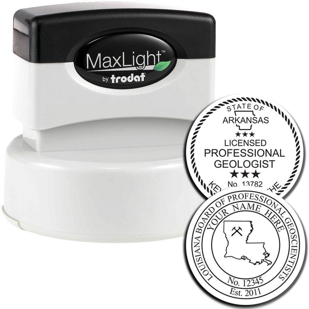 Engineering Geologist MaxLight Pre-Inked Rubber Stamp of Seal with a black and white design, featuring state-specific professional geologist seals for Arkansas and Louisiana.