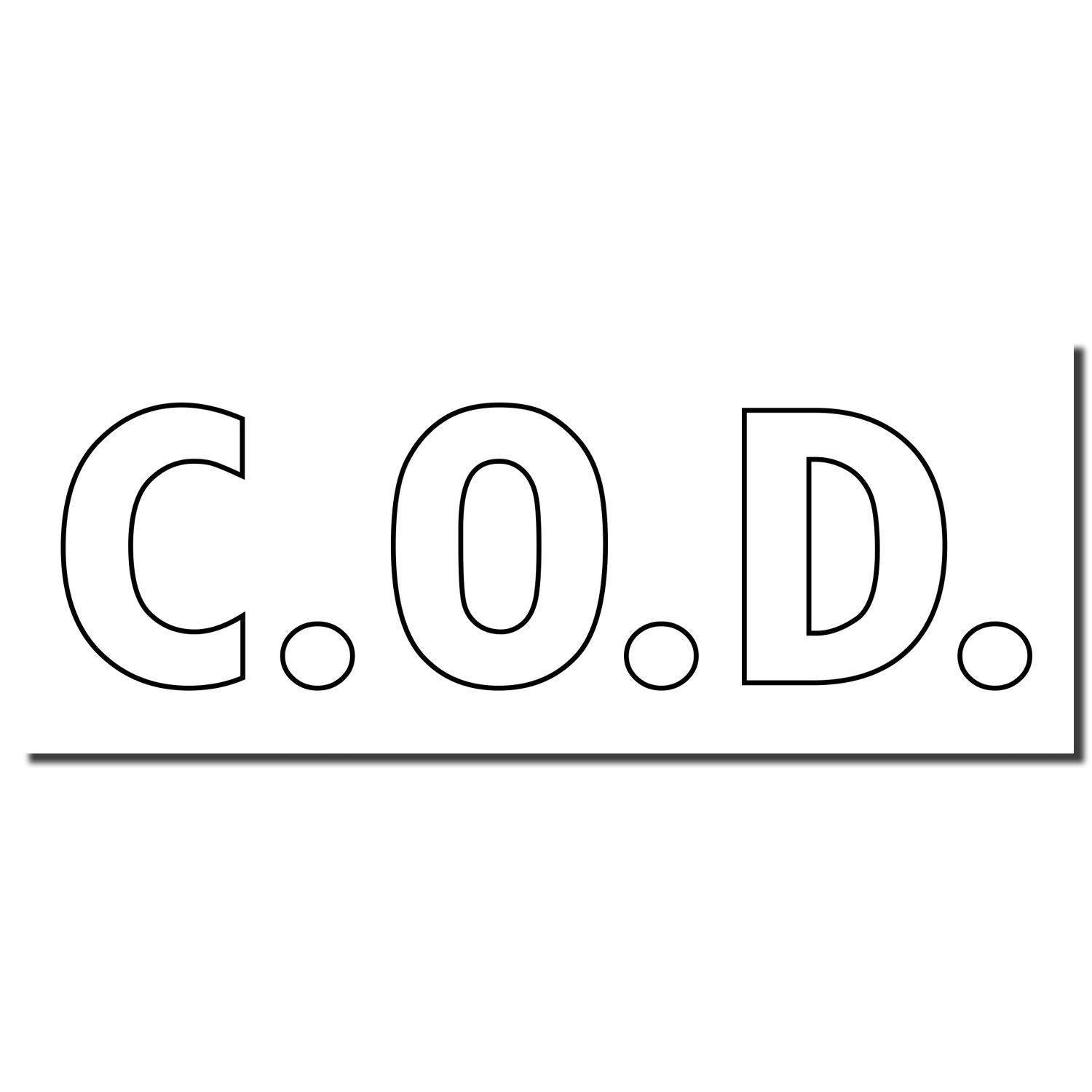 Slim Pre-Inked COD Stamp With Outline Text showing C.O.D in bold, black letters with a horizontal line underneath.