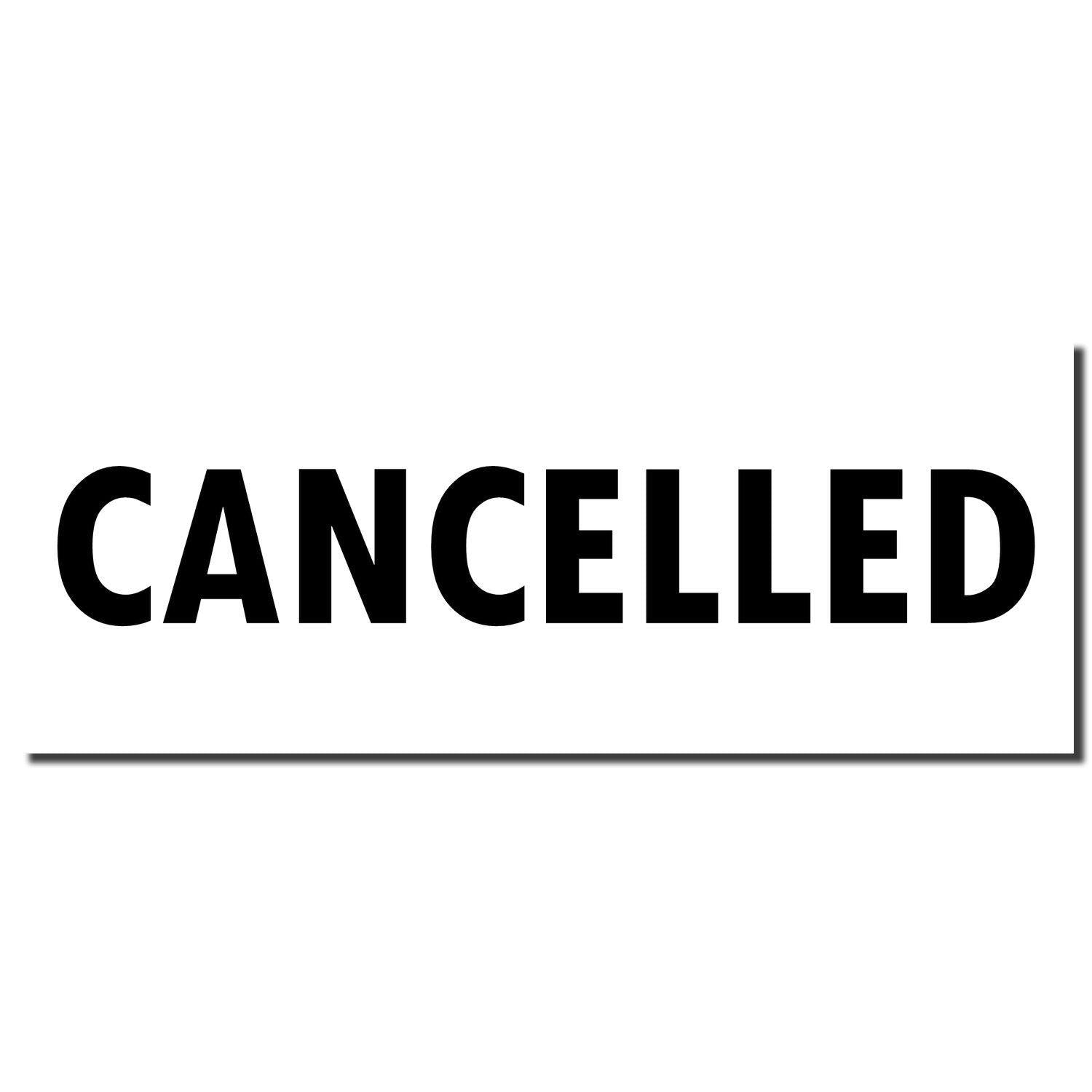 Image of a black "CANCELLED" imprint made by the Slim Pre-Inked Cancelled Stamp on a white background.