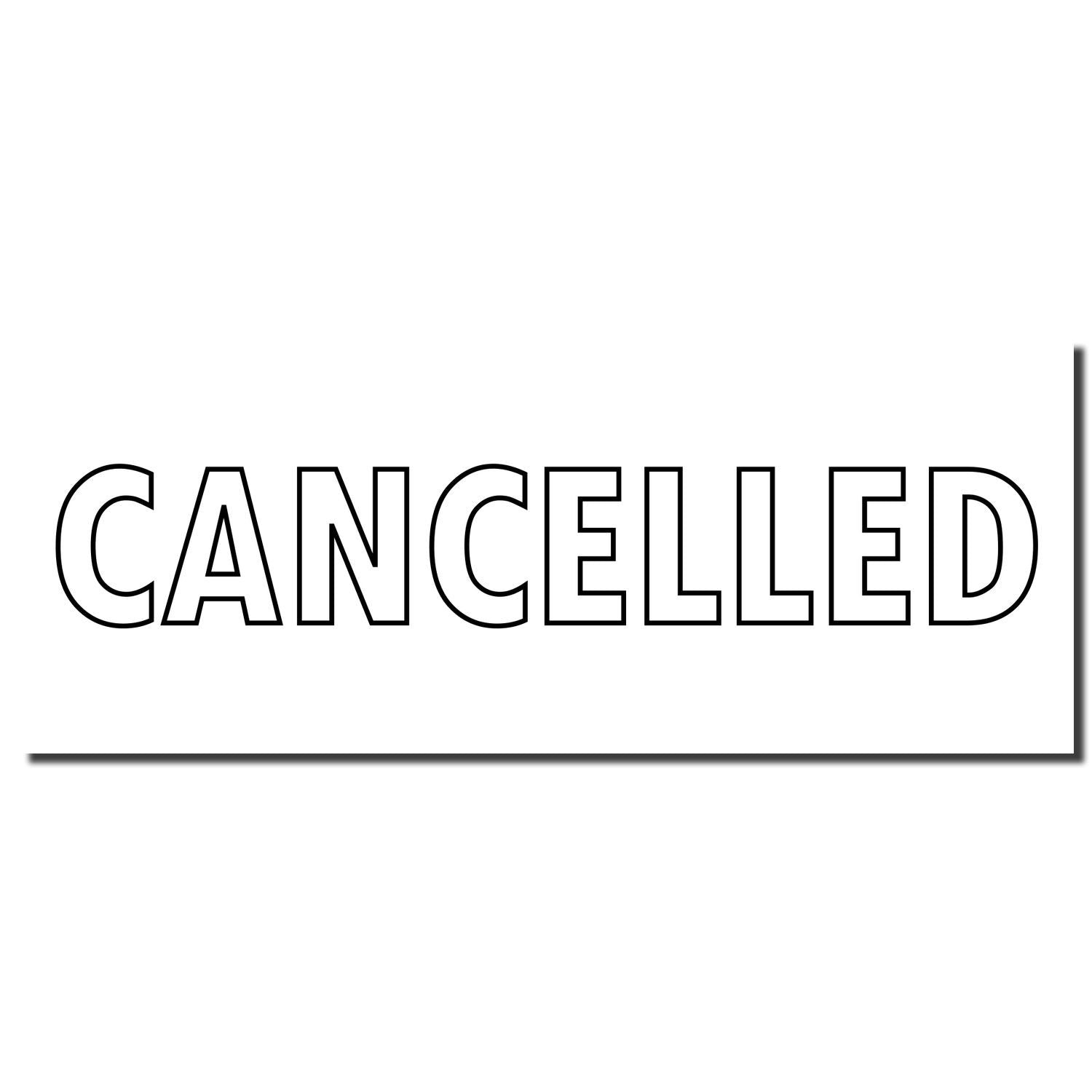 Image of a black imprint from the Self Inking Outline Cancelled Stamp, displaying the word CANCELLED in bold, uppercase letters.