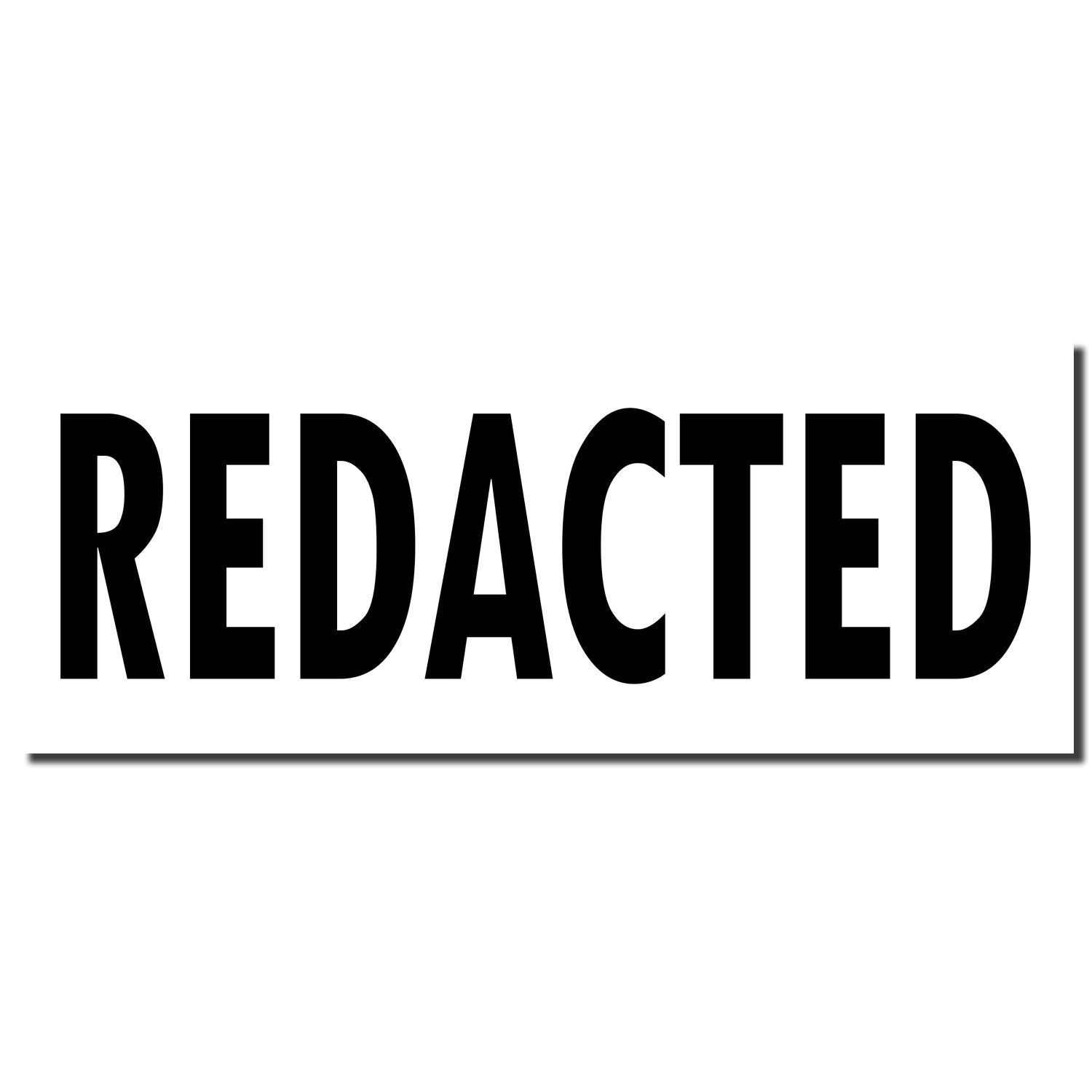 Image of a Self Inking Redacted Stamp imprint showing the word REDACTED in bold black letters on a white background.