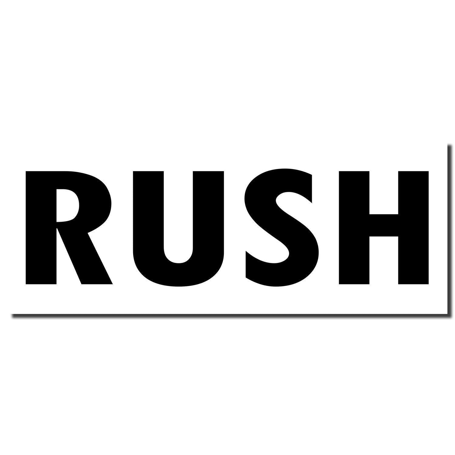 Rush Rubber Stamp with bold black letters spelling 'RUSH' on a white background, underlined with a black line.