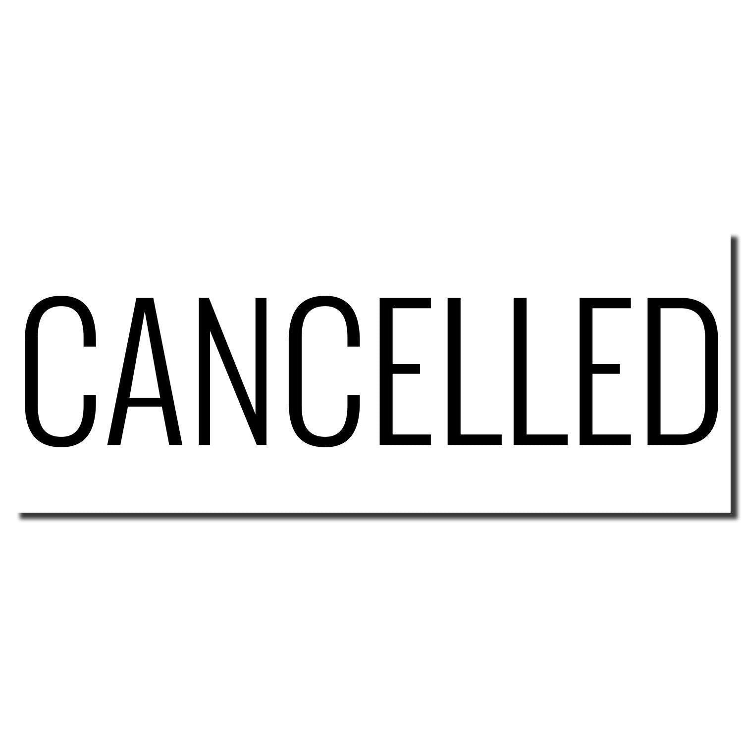 Slim Pre-Inked Narrow Font Cancelled Stamp in black ink on white background with the word CANCELLED in bold uppercase letters.