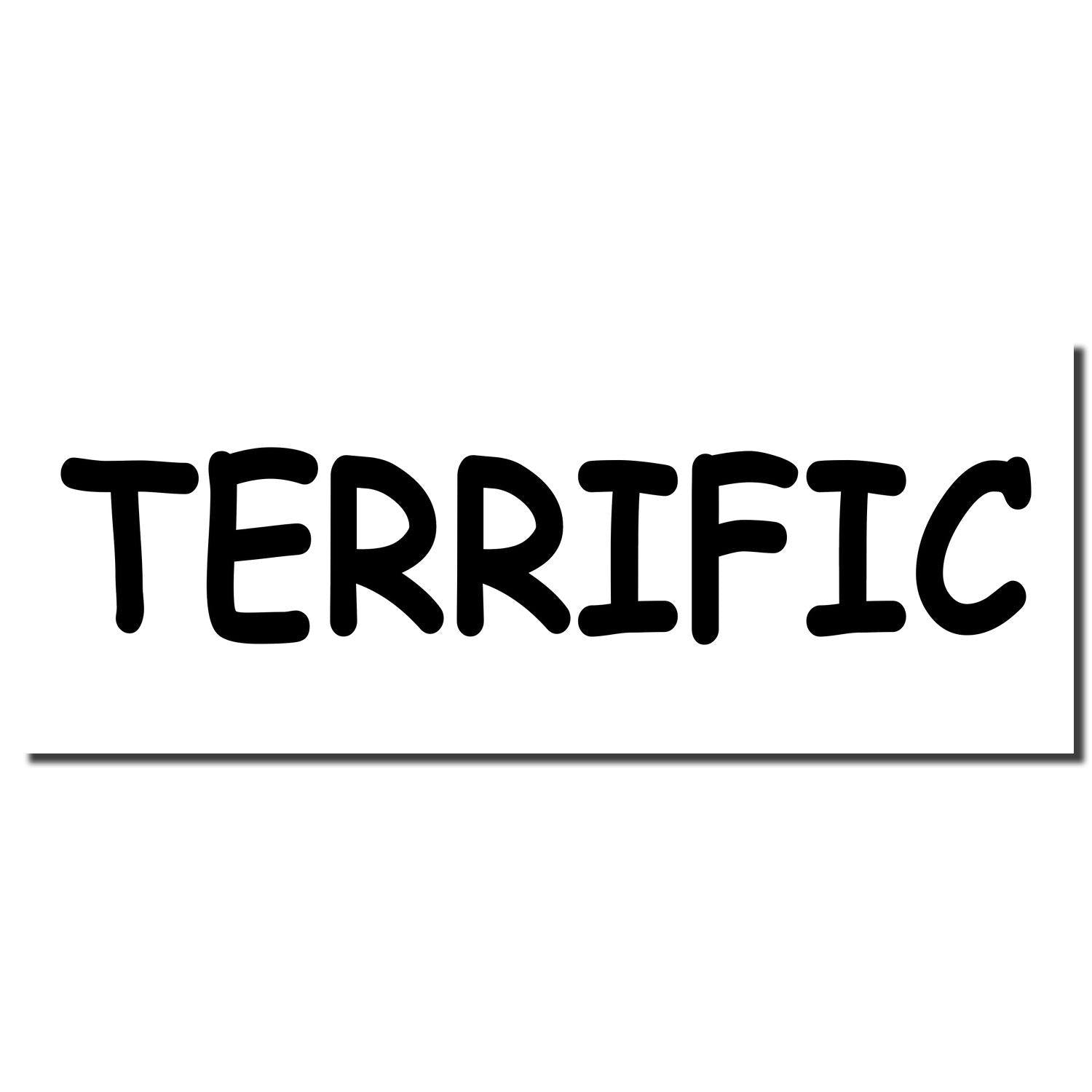 Image of a Slim Pre-Inked Terrific Stamp imprint showing the word TERRIFIC in bold, black letters on a white background.