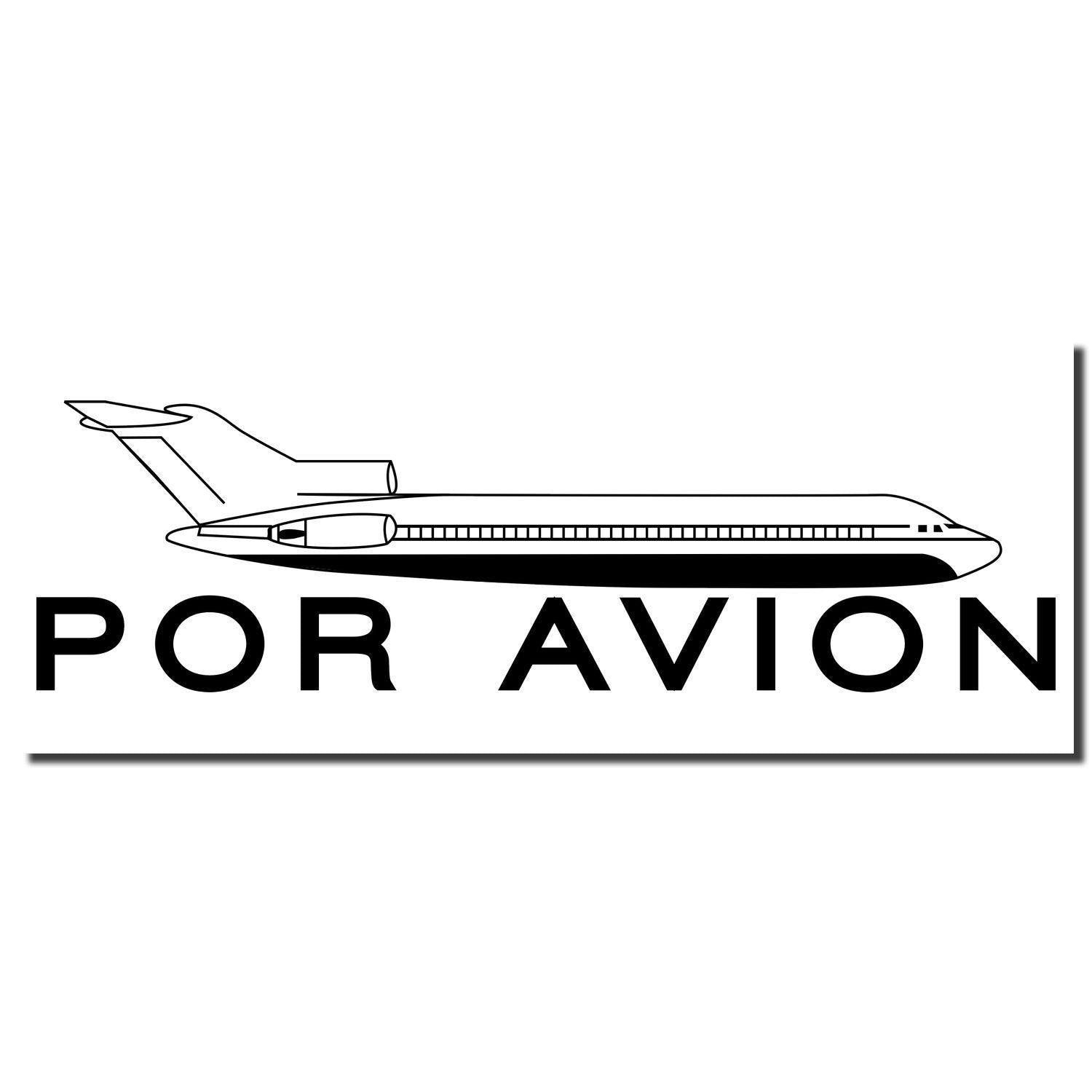 Black Slim Pre-Inked Por Avion Stamp imprint featuring an airplane graphic above the text 'POR AVION' on a white background.