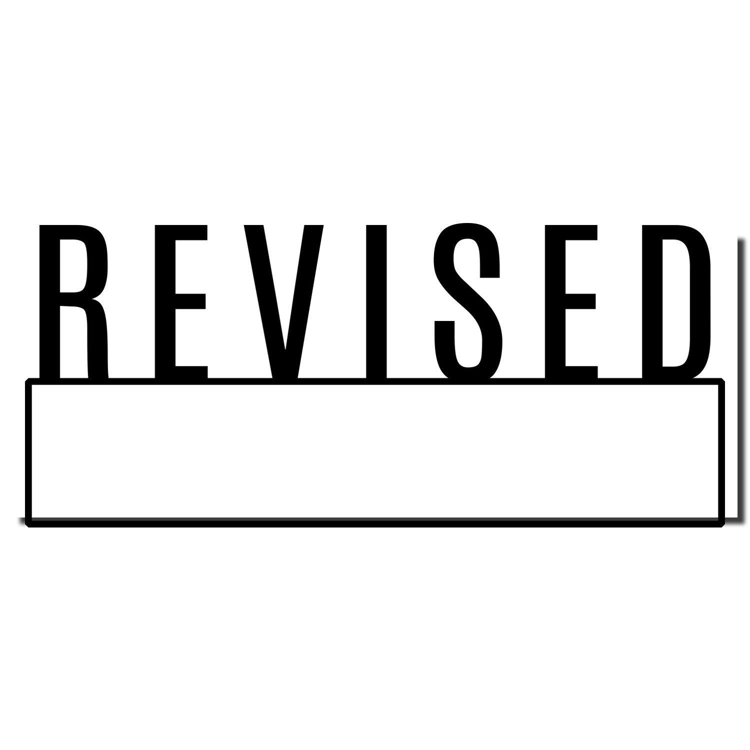 Large Pre-Inked Revised with Box Stamp in black ink, showing the word REVISED in bold uppercase letters above a blank rectangular box.