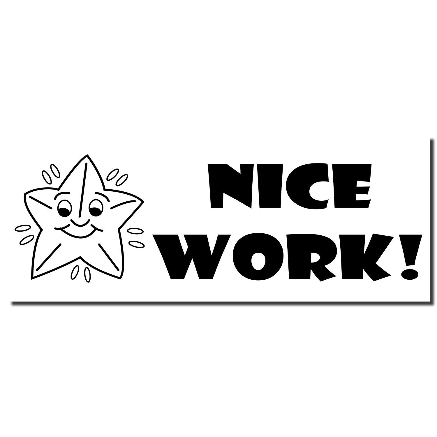 Self Inking Nice Work Stamp imprint with a smiling star and the words NICE WORK! in bold black letters on a white background.