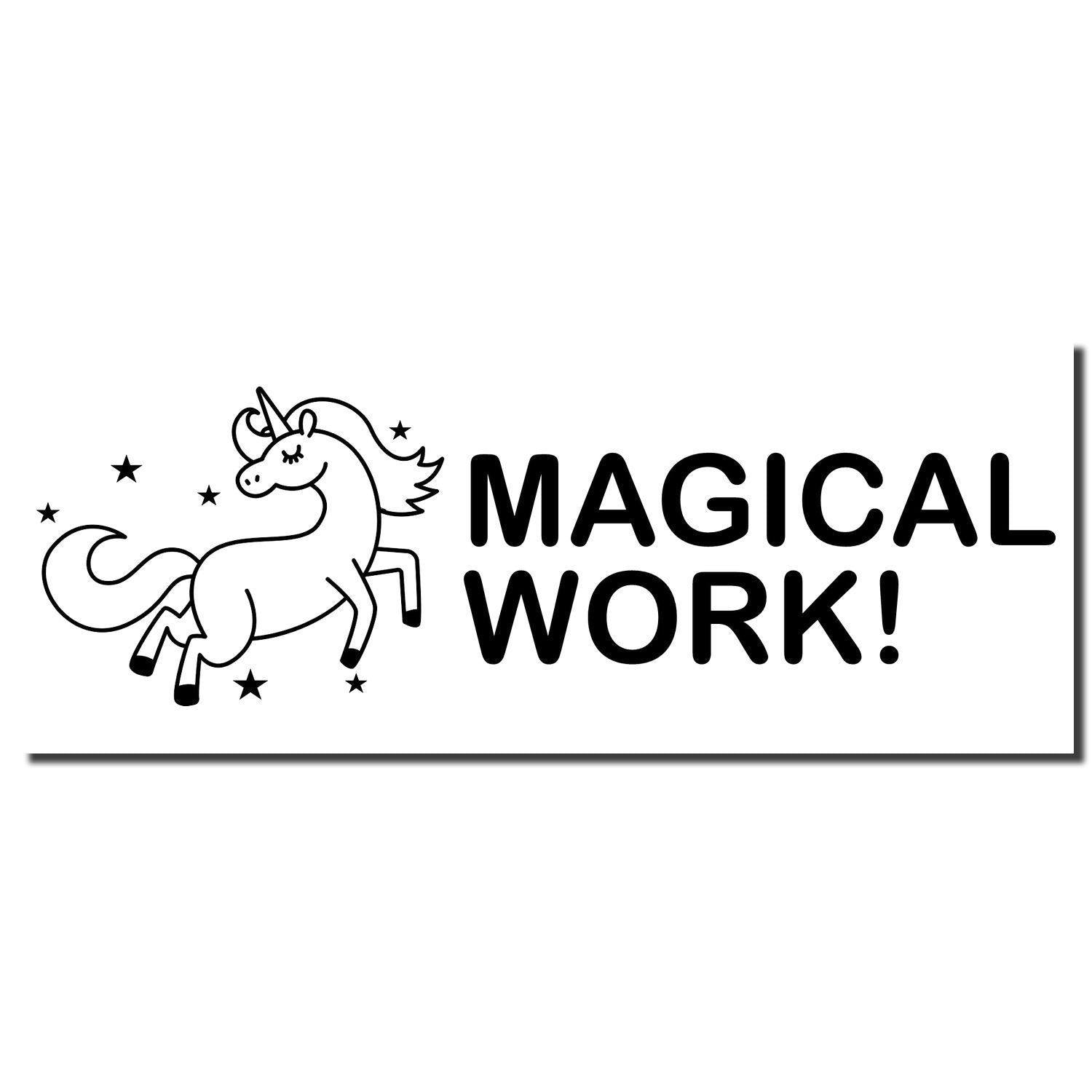 Magical Work rubber stamp with a cute unicorn and stars, perfect for adding a whimsical touch to your projects or documents.