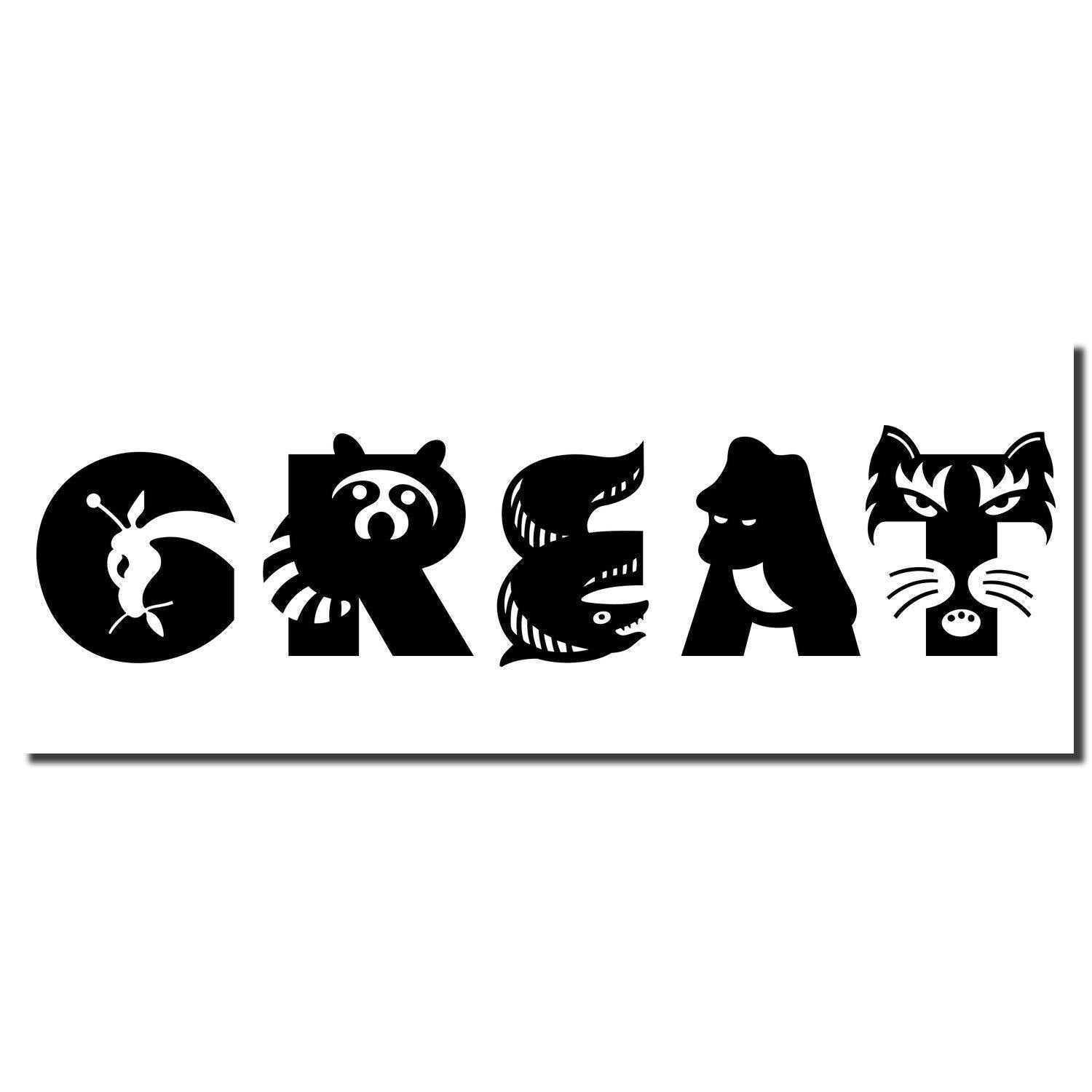 Large Pre-Inked Great Stamp imprint showing the word GREAT with each letter creatively designed as different animals.