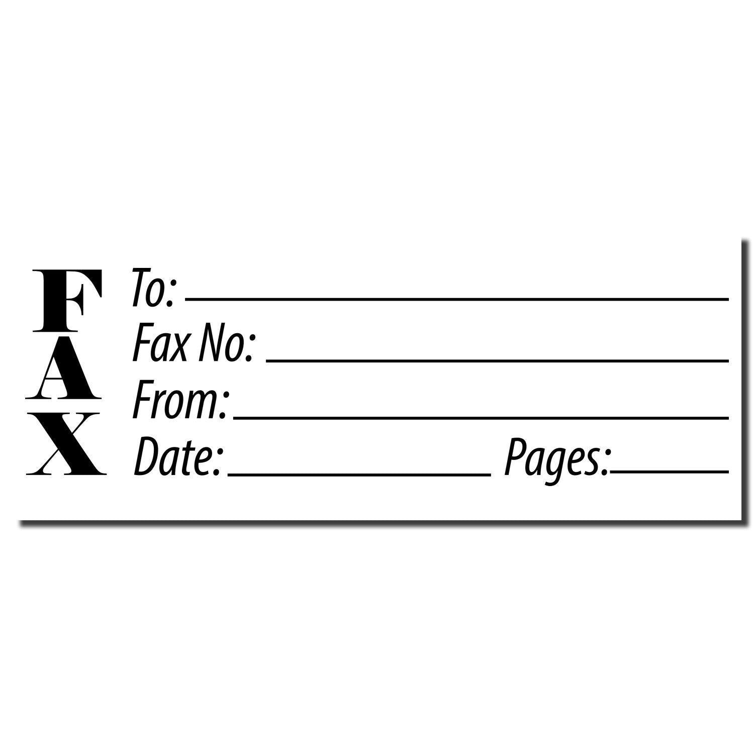 Self Inking Fax Stamp with fields for To, Fax No, From, Date, and Pages. Black text on white background.