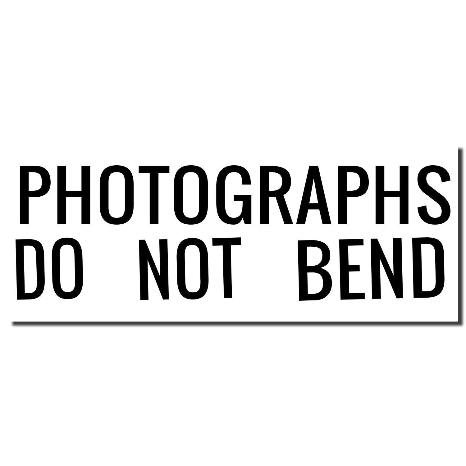 Slim Pre-Inked Photographs Do Not Bend Stamp with bold black text on a white background, ensuring safe handling of photos.