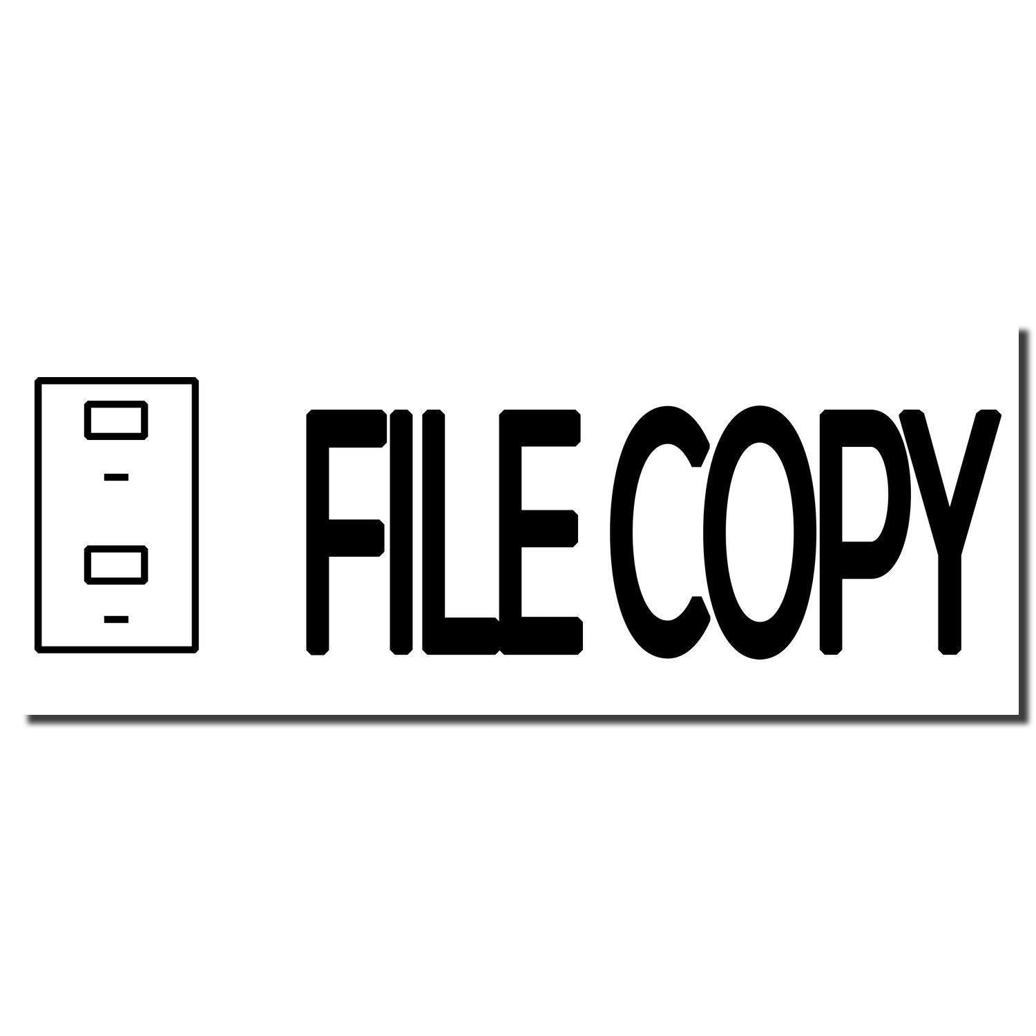 Image of a Self Inking File Copy with Drawer Stamp imprint showing the words FILE COPY next to a file cabinet icon on a white background.