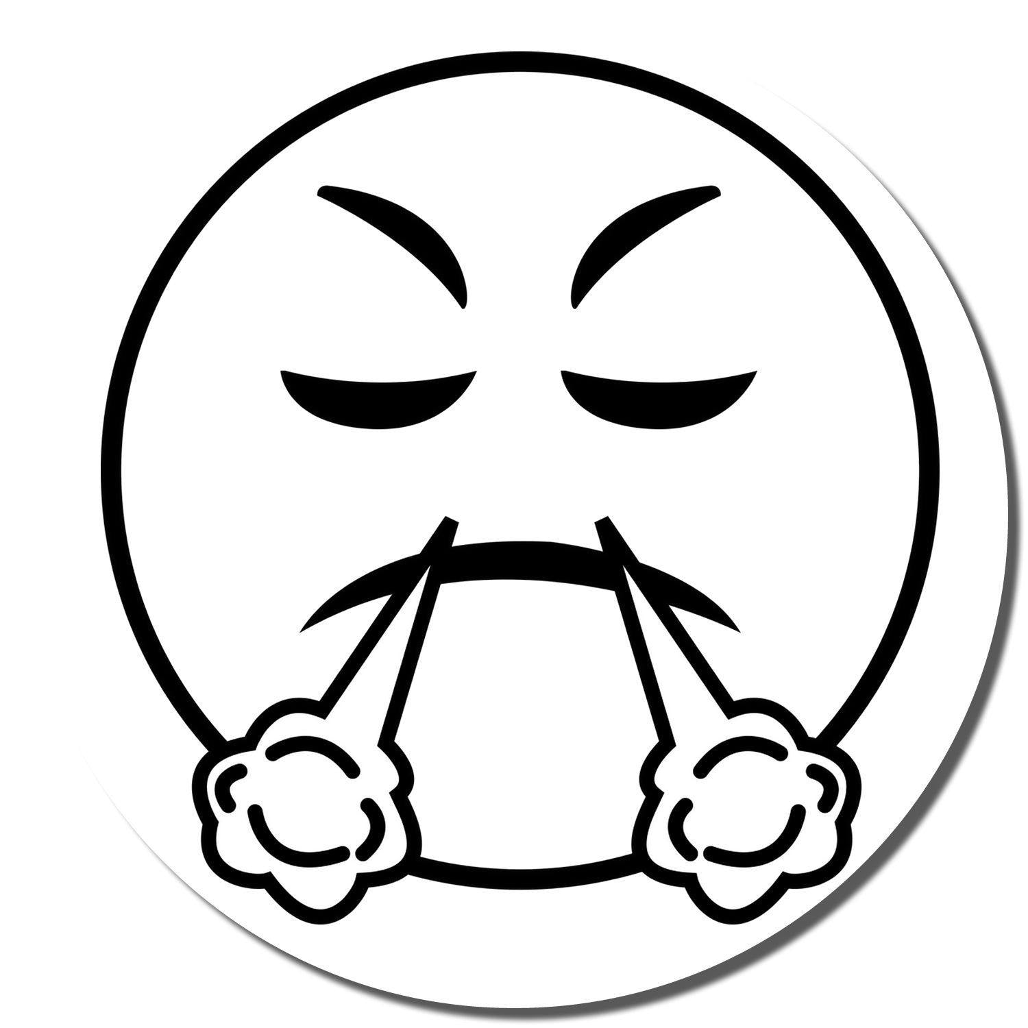 Round Angry Smiley Rubber Stamp with a frowning face and steam coming out of its nostrils, indicating anger.