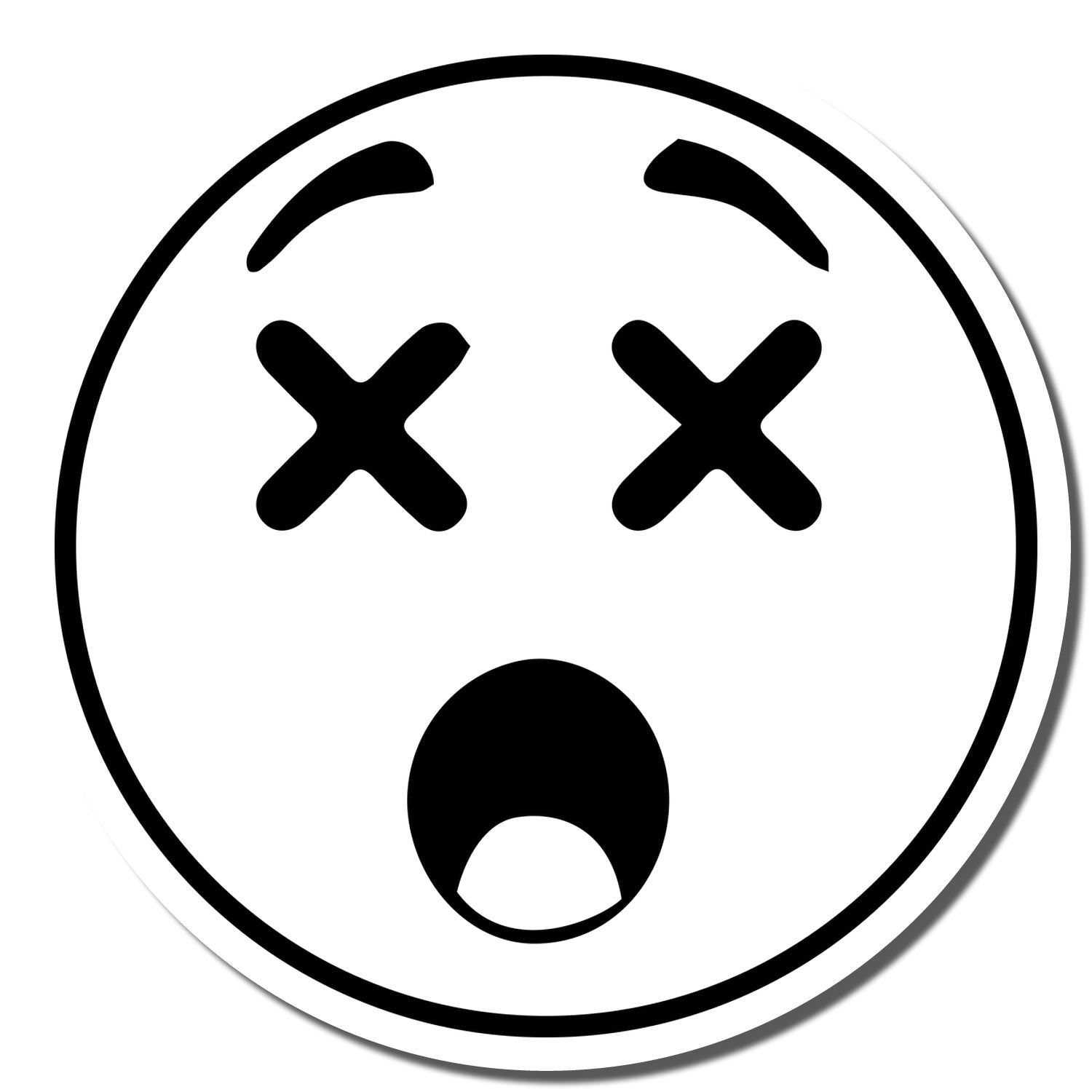 Self Inking Round Shocked Smiley Stamp imprint showing a round face with X-shaped eyes and an open mouth, expressing shock or surprise.