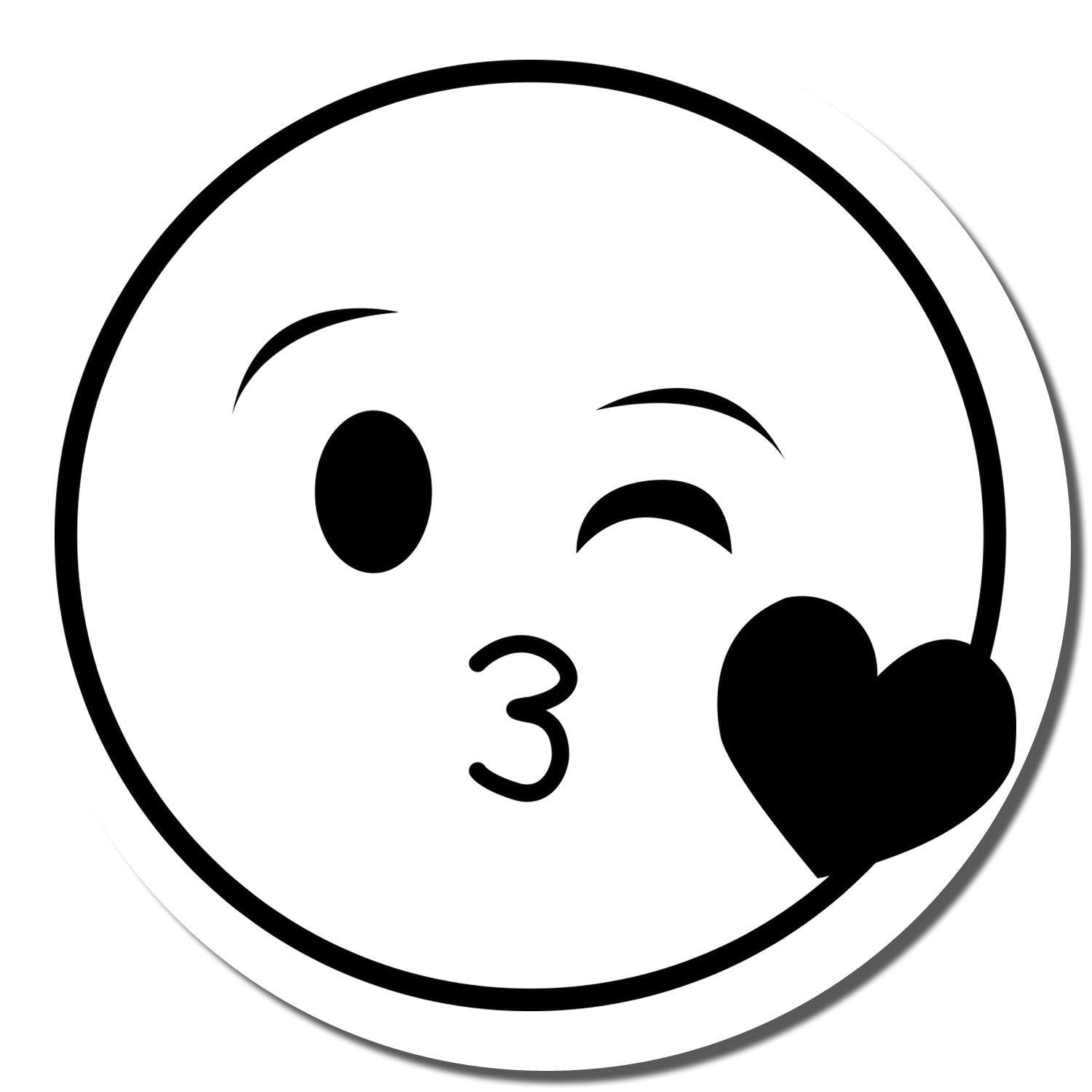 Round Happy Smiley Rubber Stamp with a winking face and a heart-shaped kiss mark on a white background.