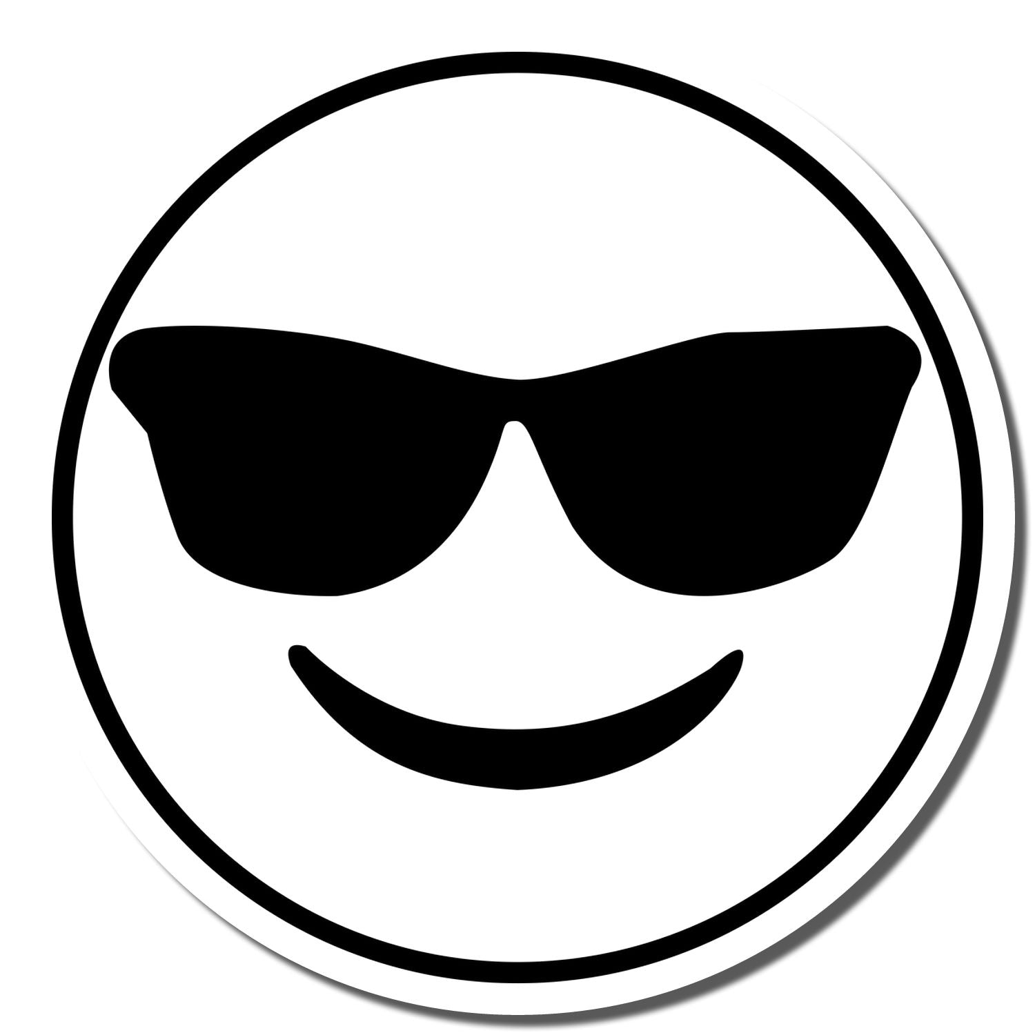 Self Inking Round Smiley with Sunglasses Stamp imprint showing a smiling face wearing sunglasses in black and white.