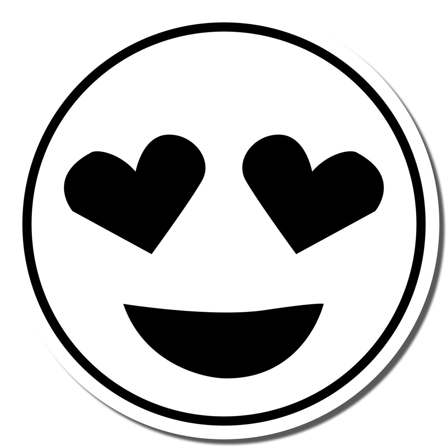 Image of a Self Inking Round Smiley with Hearts Stamp showing a black smiley face with heart-shaped eyes inside a black circle.