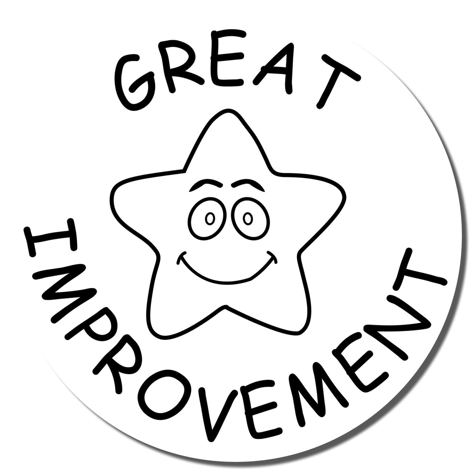 Self Inking Round Great Improvement Stamp with a smiling star and the words Great Improvement in a circular design.