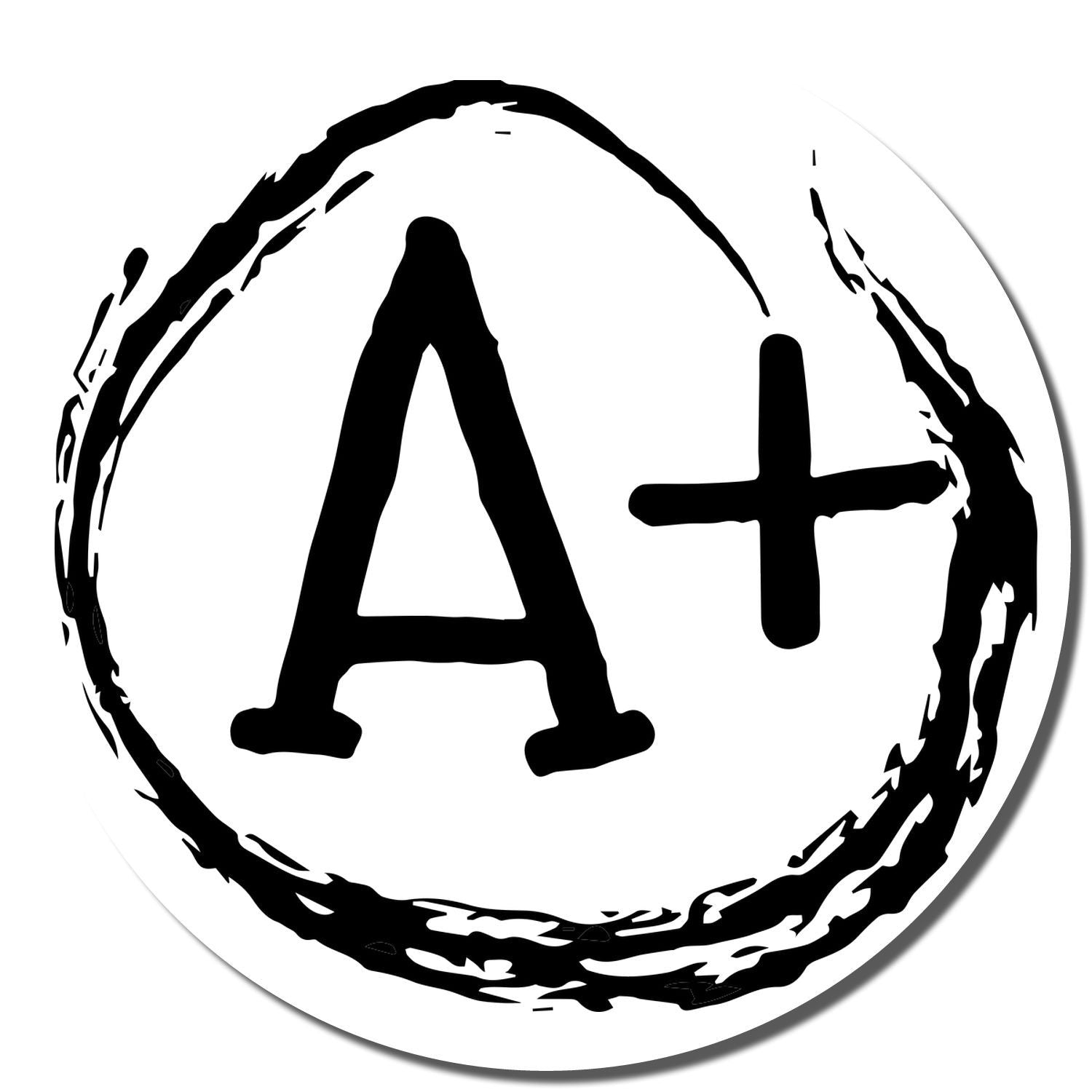 Image of a Self Inking Round A+ Stamp imprint, featuring a bold, black A+ symbol encircled by a rough, artistic black ring.