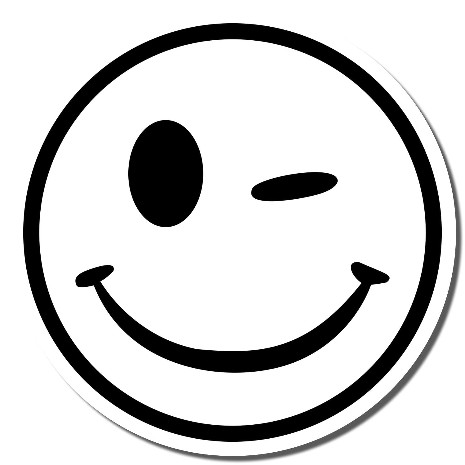 Self Inking Round Winking Smiley Stamp imprint showing a black winking smiley face on a white background with a black border.