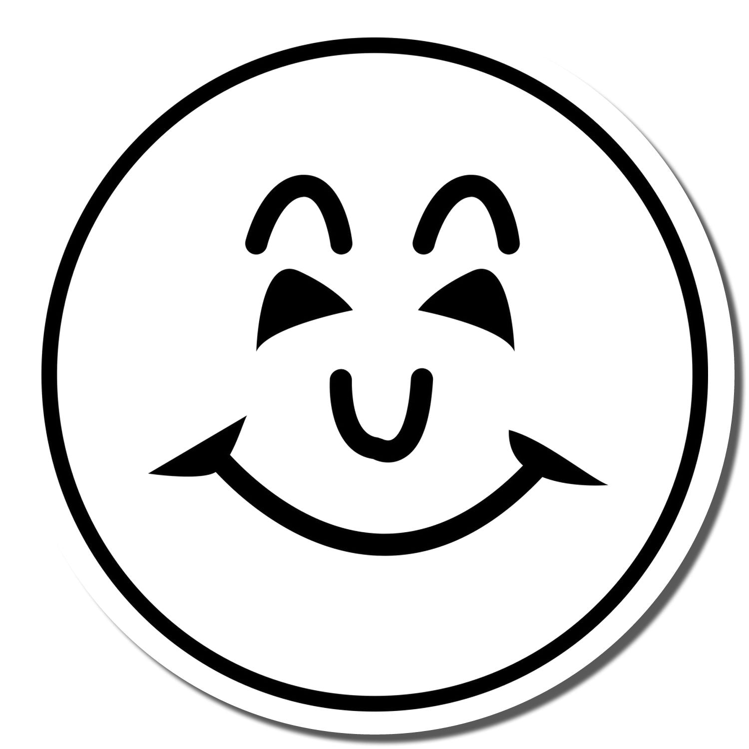 Self Inking Round Happy Face Stamp imprint showing a smiling face with closed eyes and a wide grin in black ink on a white background.