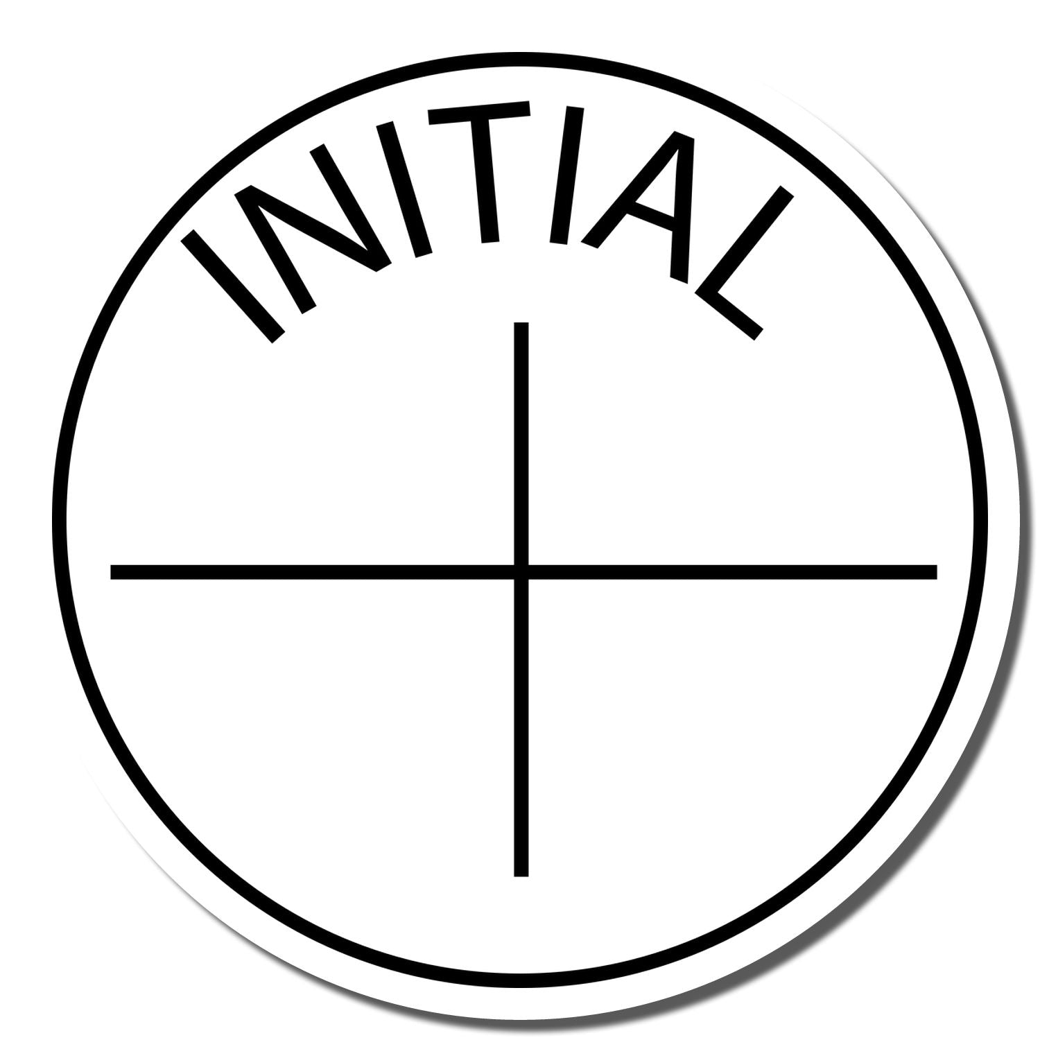 Self Inking Round Initial Stamp with a black circular design, featuring the word INITIAL at the top and a cross in the center.