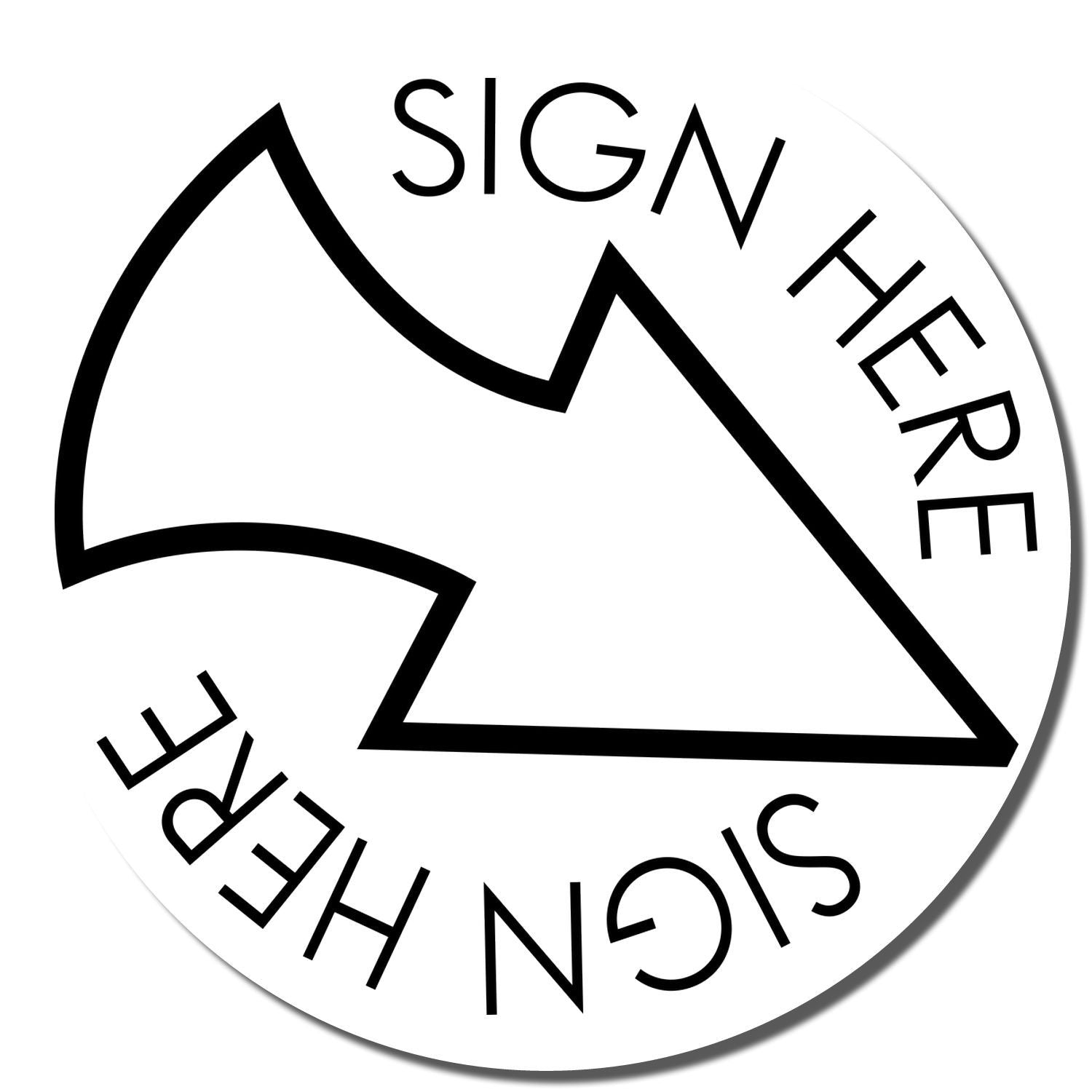 Image of the Self Inking Round Sign Here with Arrow Stamp imprint, showing a circular design with a large arrow and the text SIGN HERE.