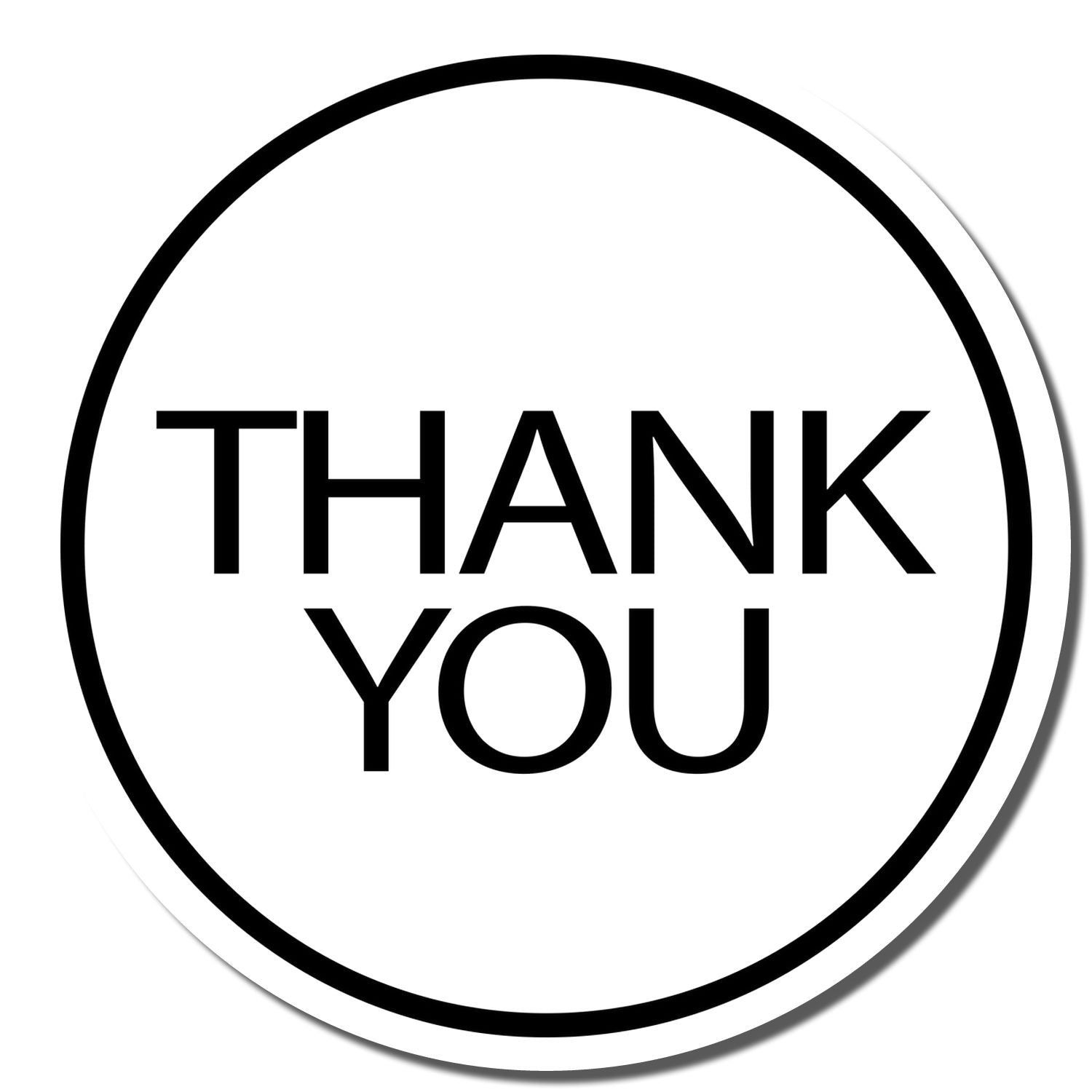 Self Inking Round Thank You Stamp with bold black THANK YOU text in the center of a white circle.