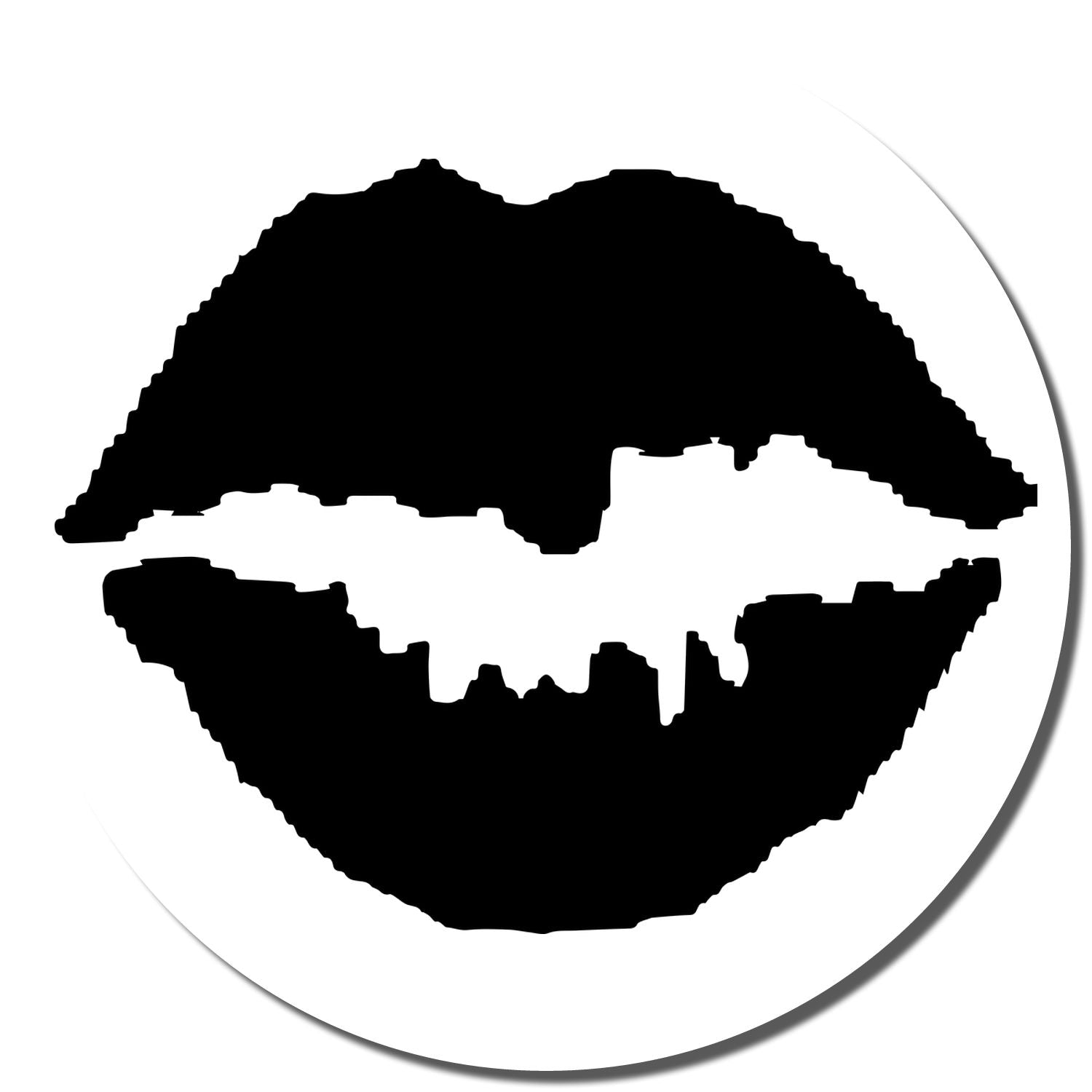 Black imprint of lips on a white background, created by the Self Inking Round Kiss Stamp.