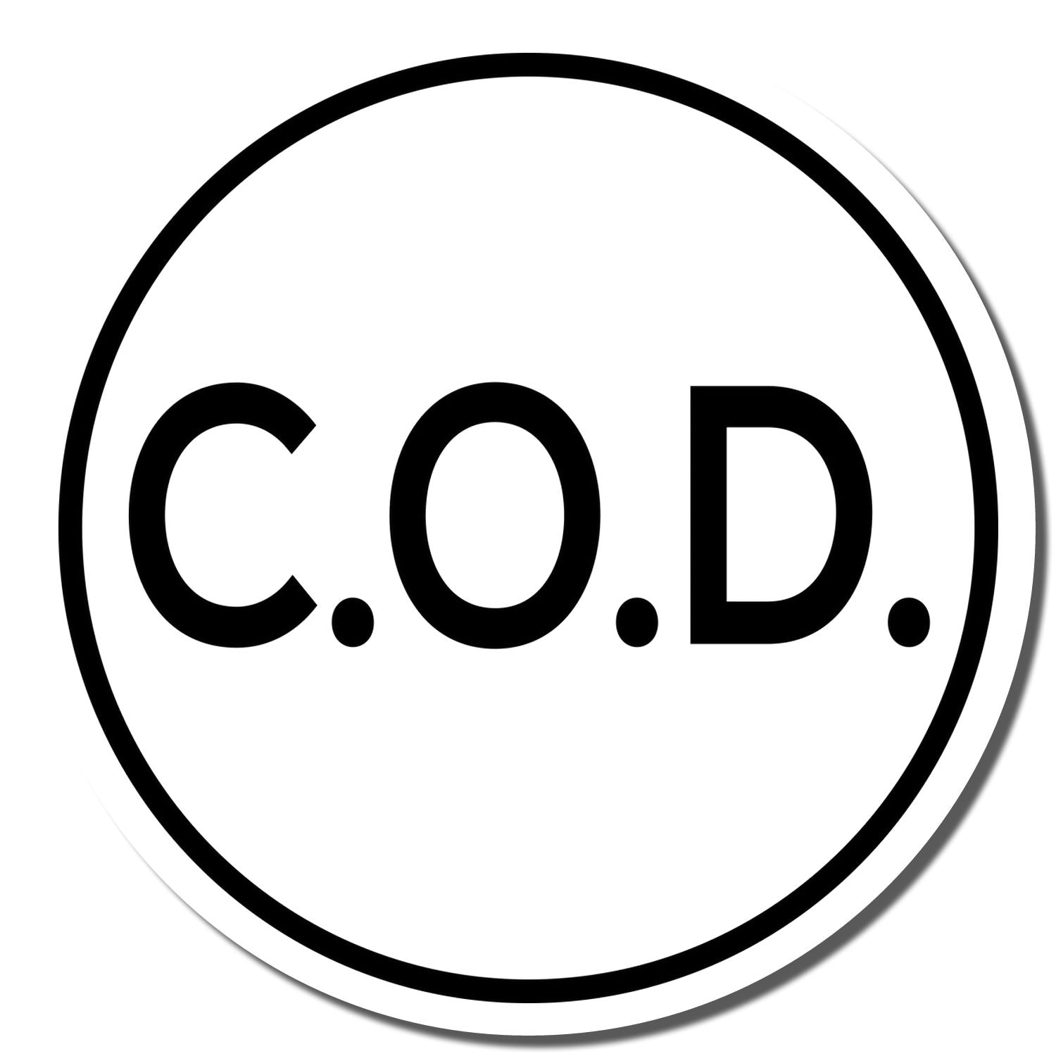 Self Inking Round COD Stamp with bold black C.O.D. text in the center, encircled by a black border on a white background.