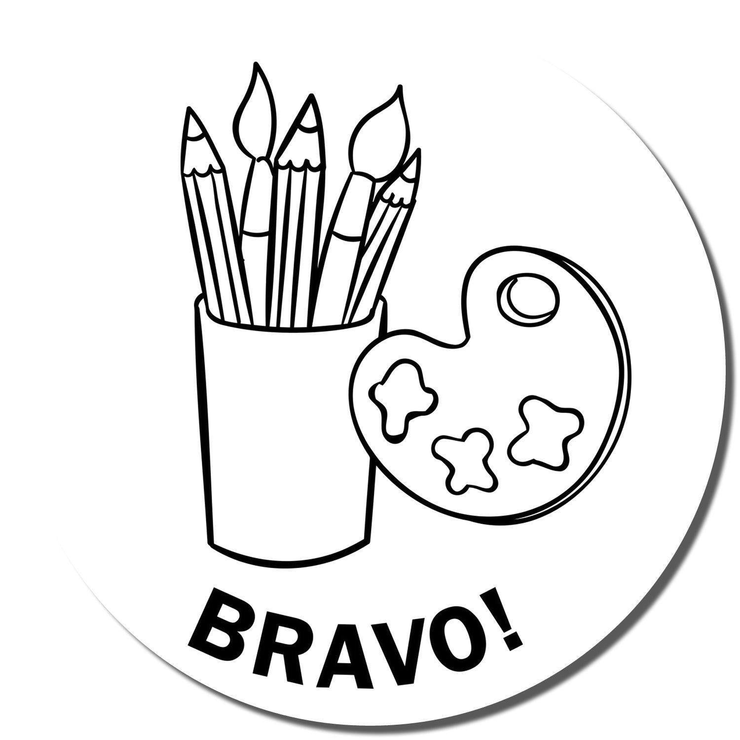 Round Bravo rubber stamp with a design featuring paintbrushes in a cup and a paint palette, with the word BRAVO! below.