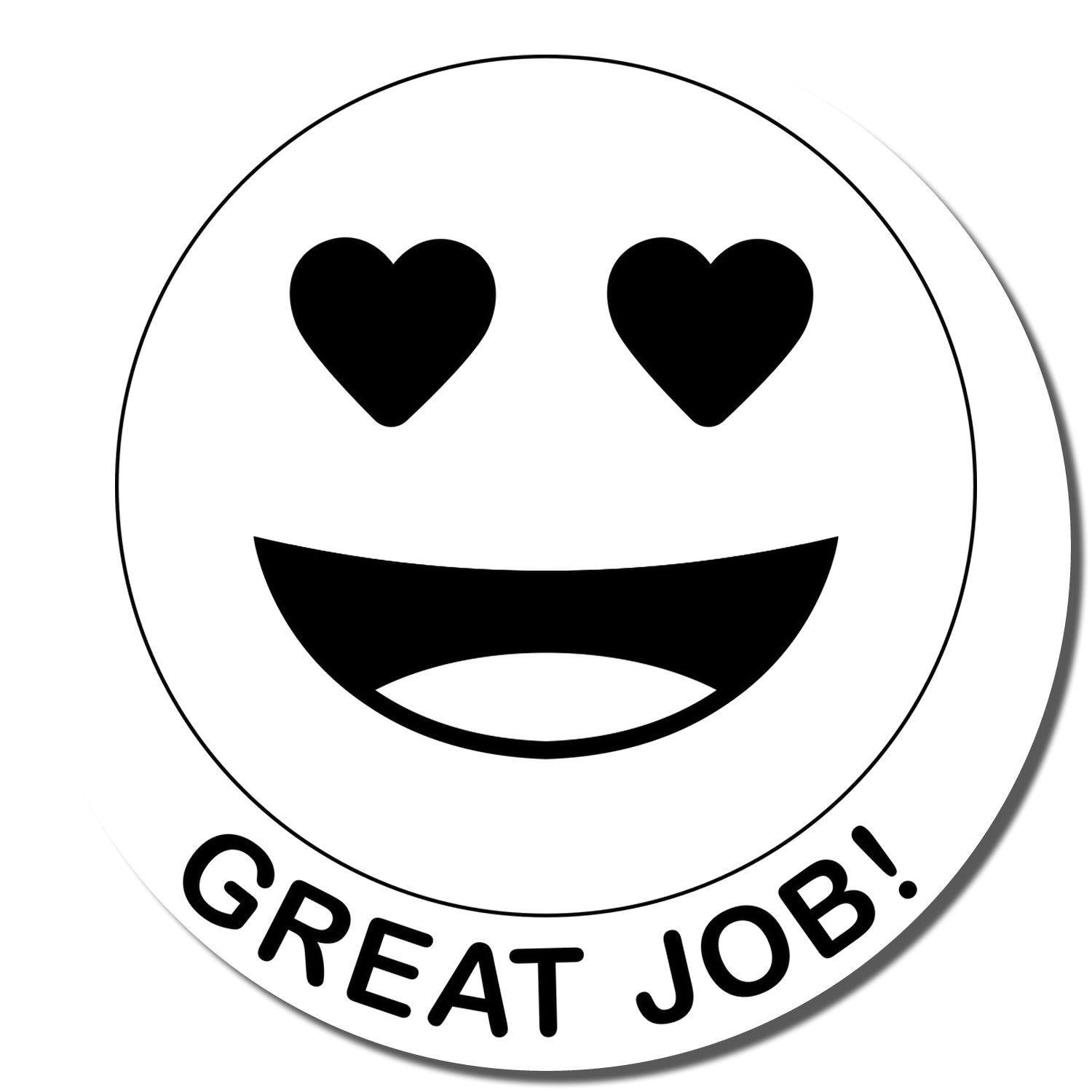 Round Great Job Smiley Rubber Stamp with heart eyes and a wide smile, featuring the text 'GREAT JOB!' at the bottom.