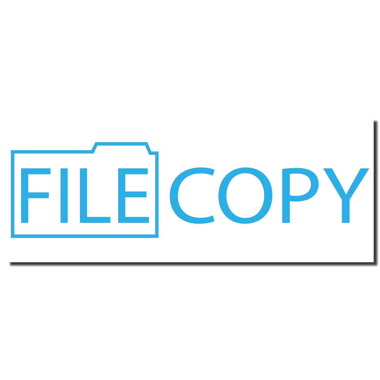 Blue File Copy Xstamper Stamp imprint showing the words FILE COPY in blue with a folder outline around FILE on a white background.