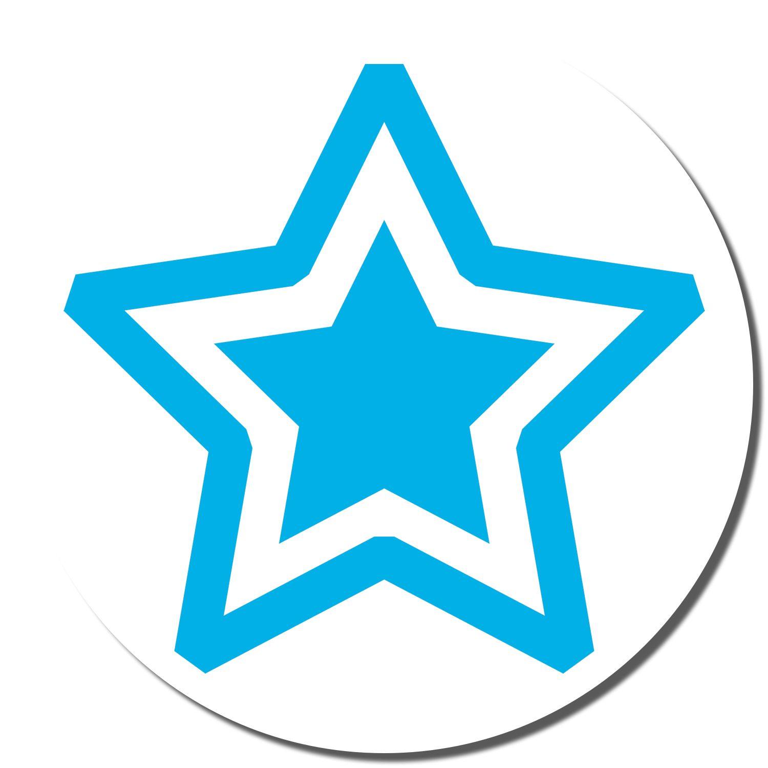 Round Blue Star Xstamper Stamp imprint showing a bold blue star with a white outline on a circular white background.