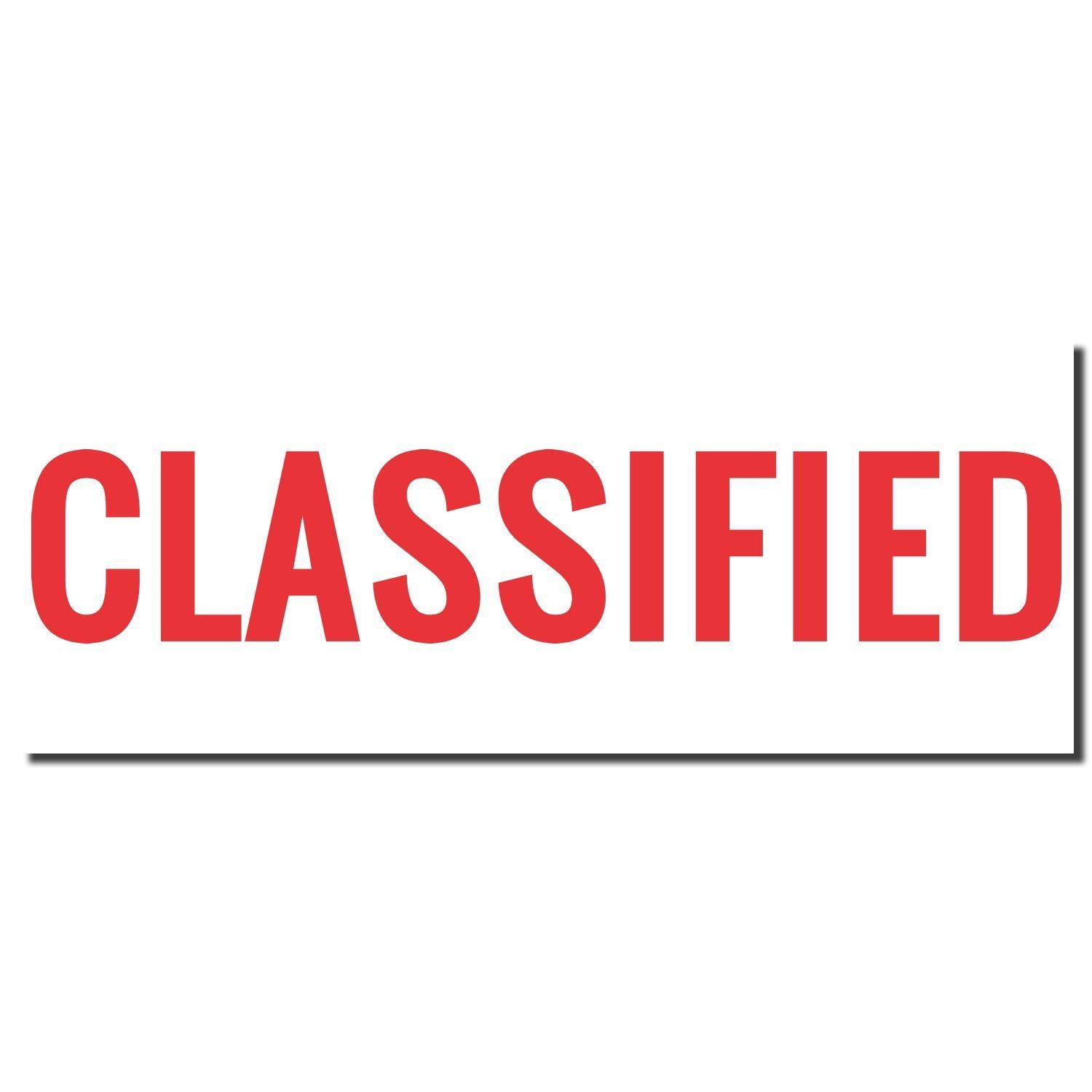 Image of a red CLASSIFIED imprint from the Classified Xstamper Stamp on a white background.