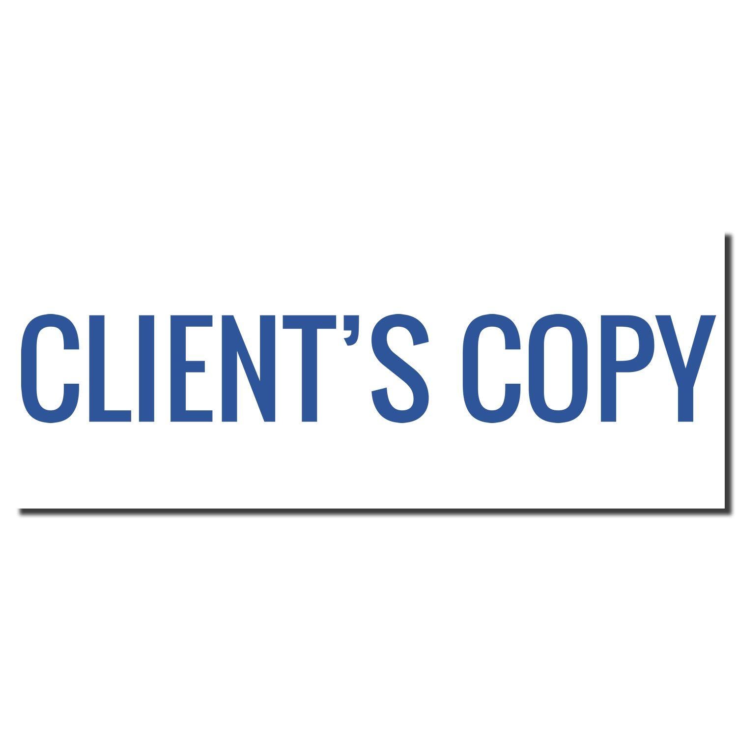 Blue text 'CLIENT'S COPY' stamped on white paper using the Client's Copy Xstamper Stamp, with a shadow effect below the text.