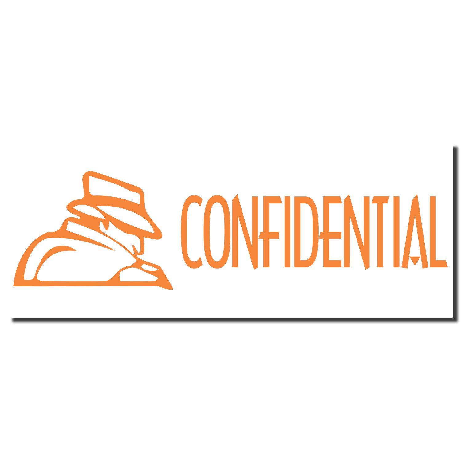 Figure Confidential Xstamper Stamp imprint showing an orange silhouette of a detective and the word 'CONFIDENTIAL' in bold orange letters.