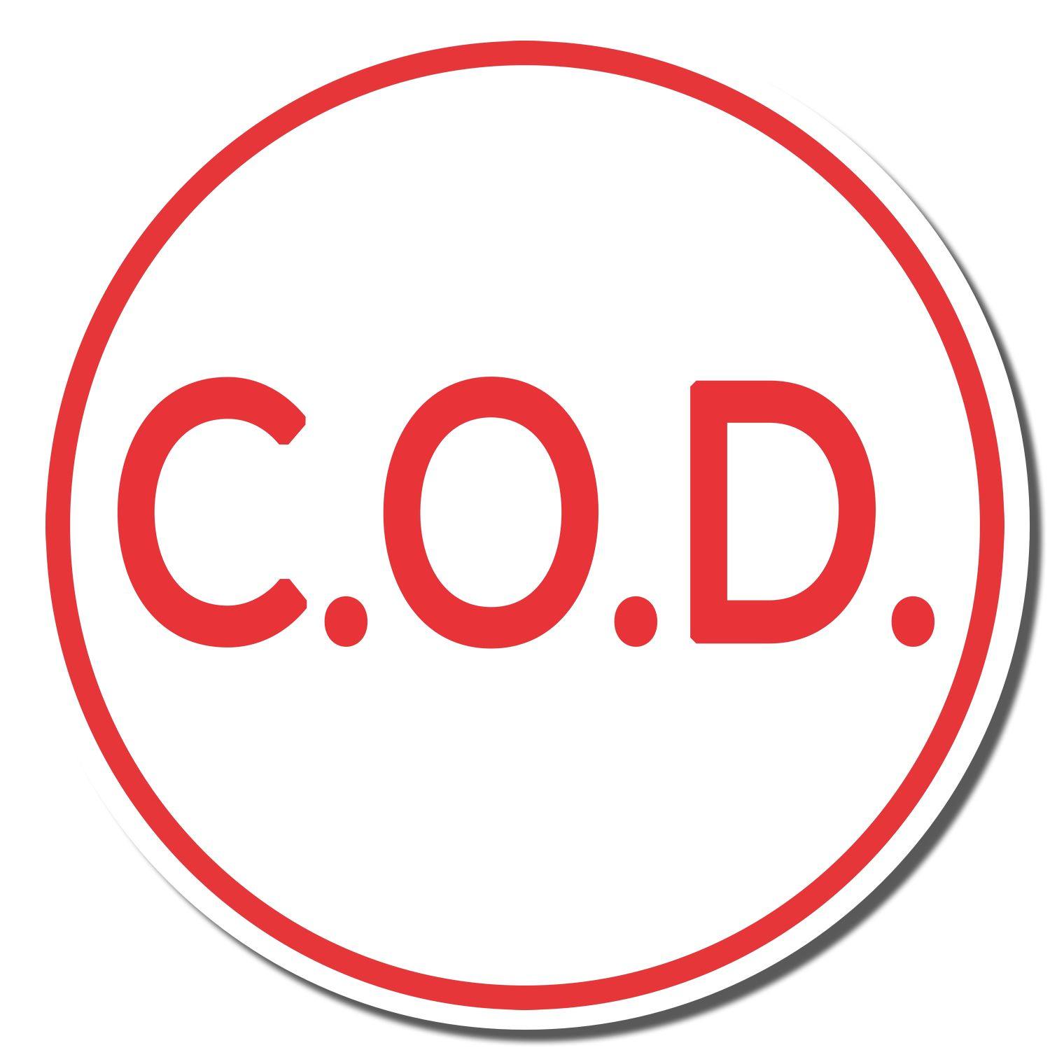 Round C.O.D. Xstamper Stamp imprint in red letters within a red circle on a white background.