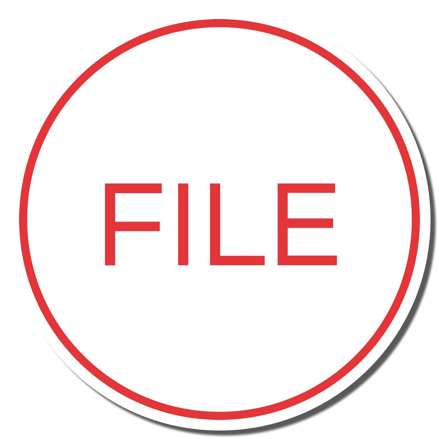 Red FILE text in the center of a white circle with a red border, representing the imprint of the Round File Xstamper Stamp.