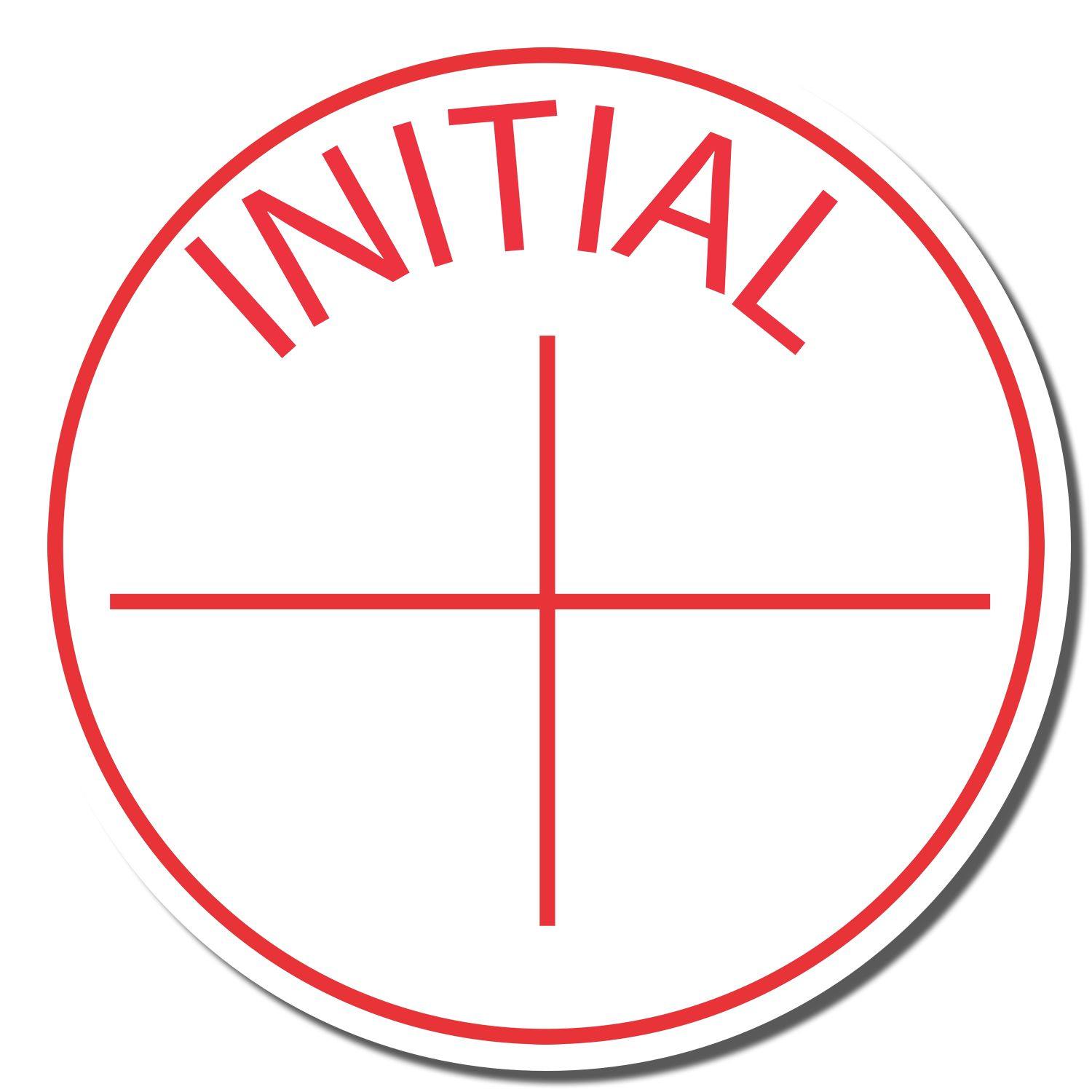 Round Initial Xstamper Stamp with a red circular border, the word INITIAL at the top, and a red cross in the center on a white background.